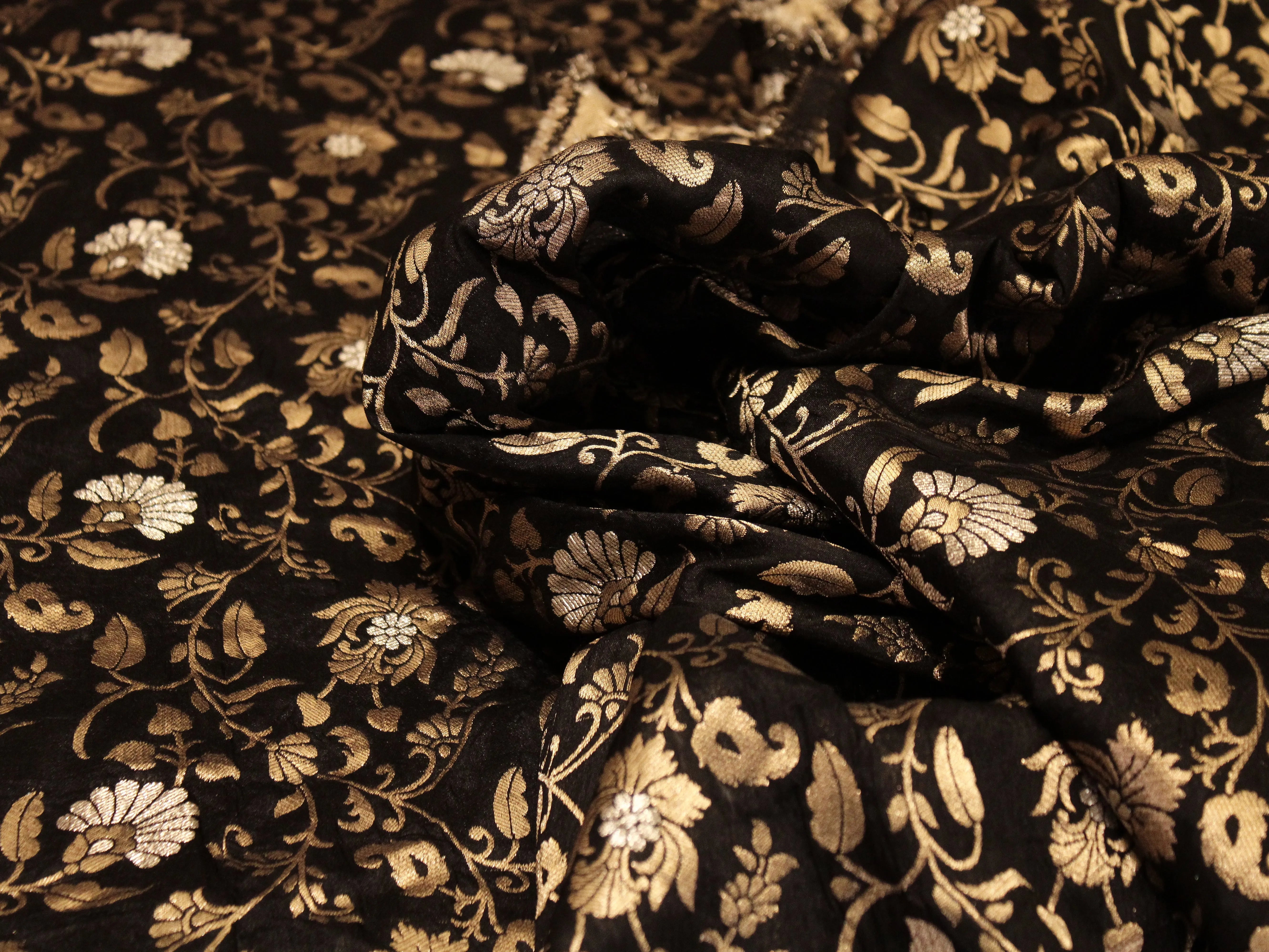 Banarasi Floral Brocade Fabric - Black