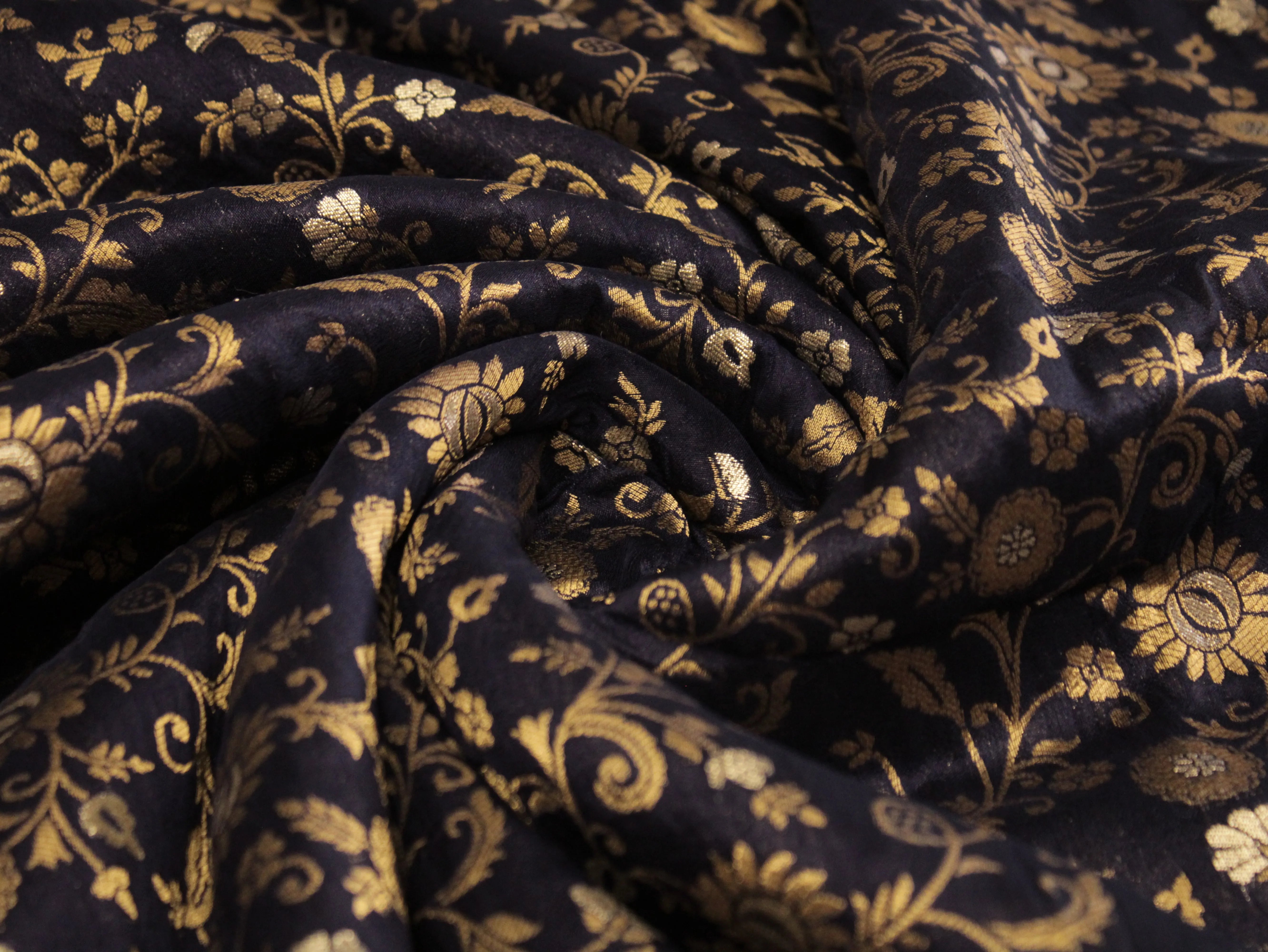 Banarasi Floral Brocade Fabric - Navy Blue