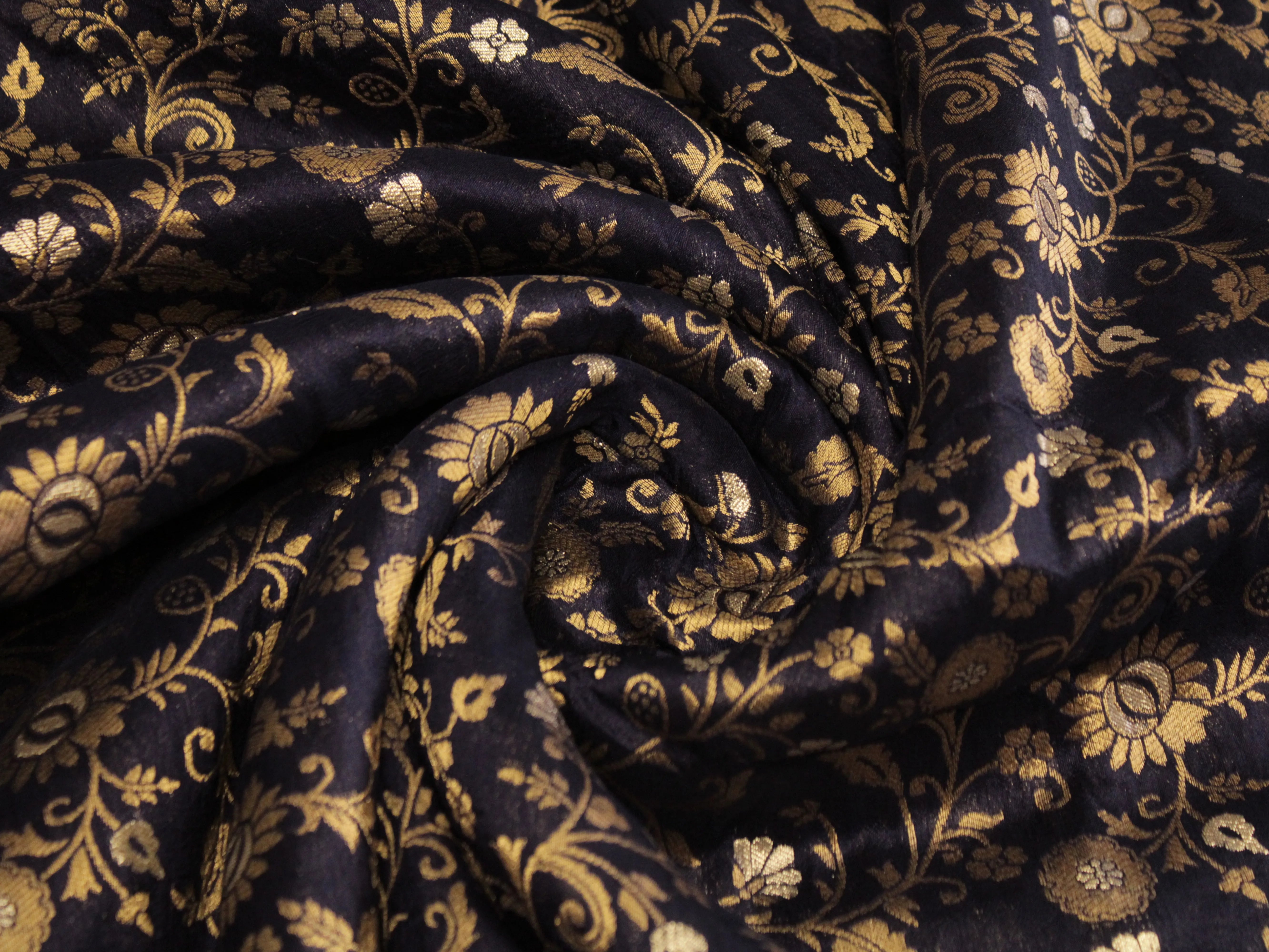 Banarasi Floral Brocade Fabric - Navy Blue