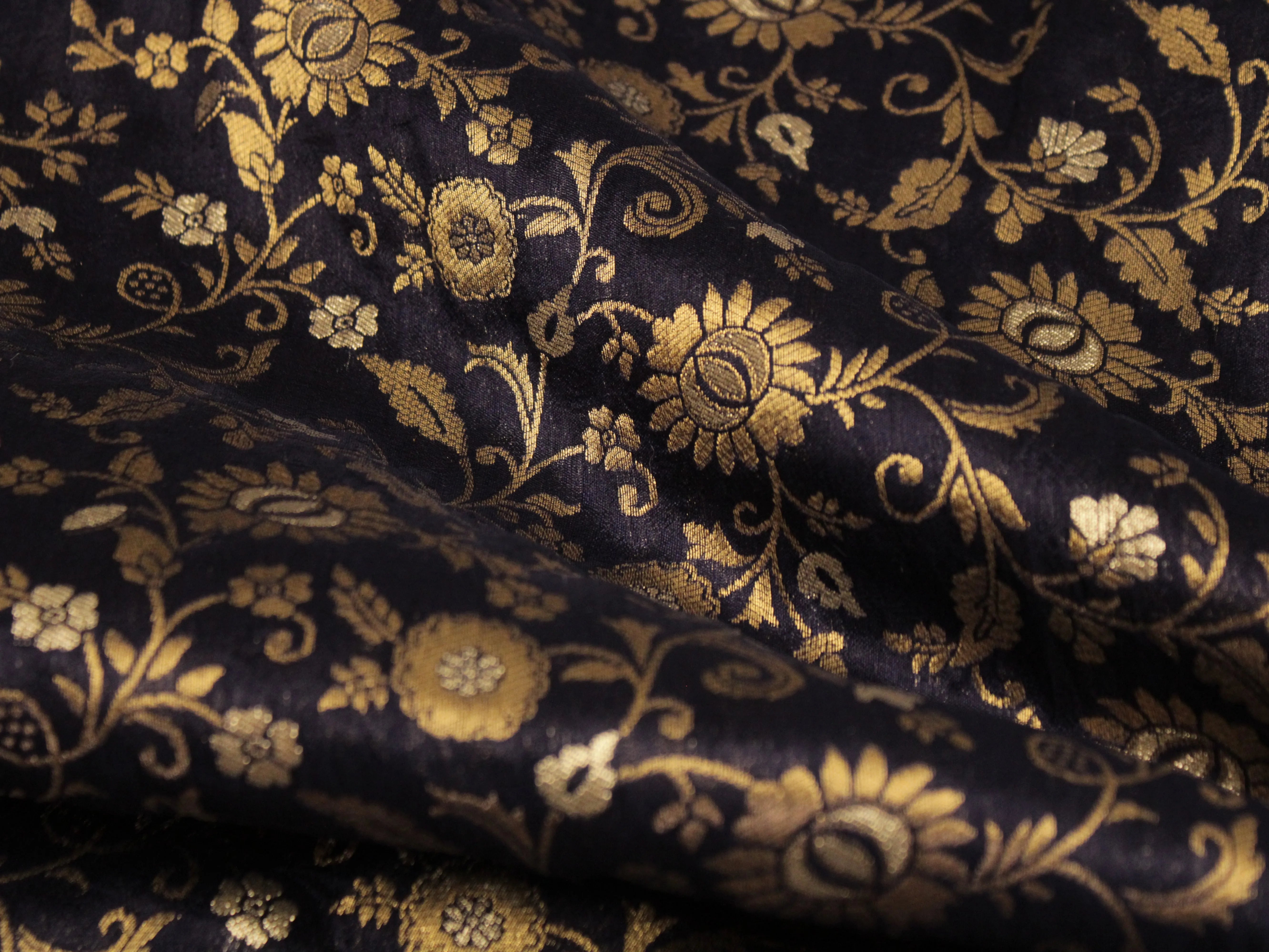 Banarasi Floral Brocade Fabric - Navy Blue