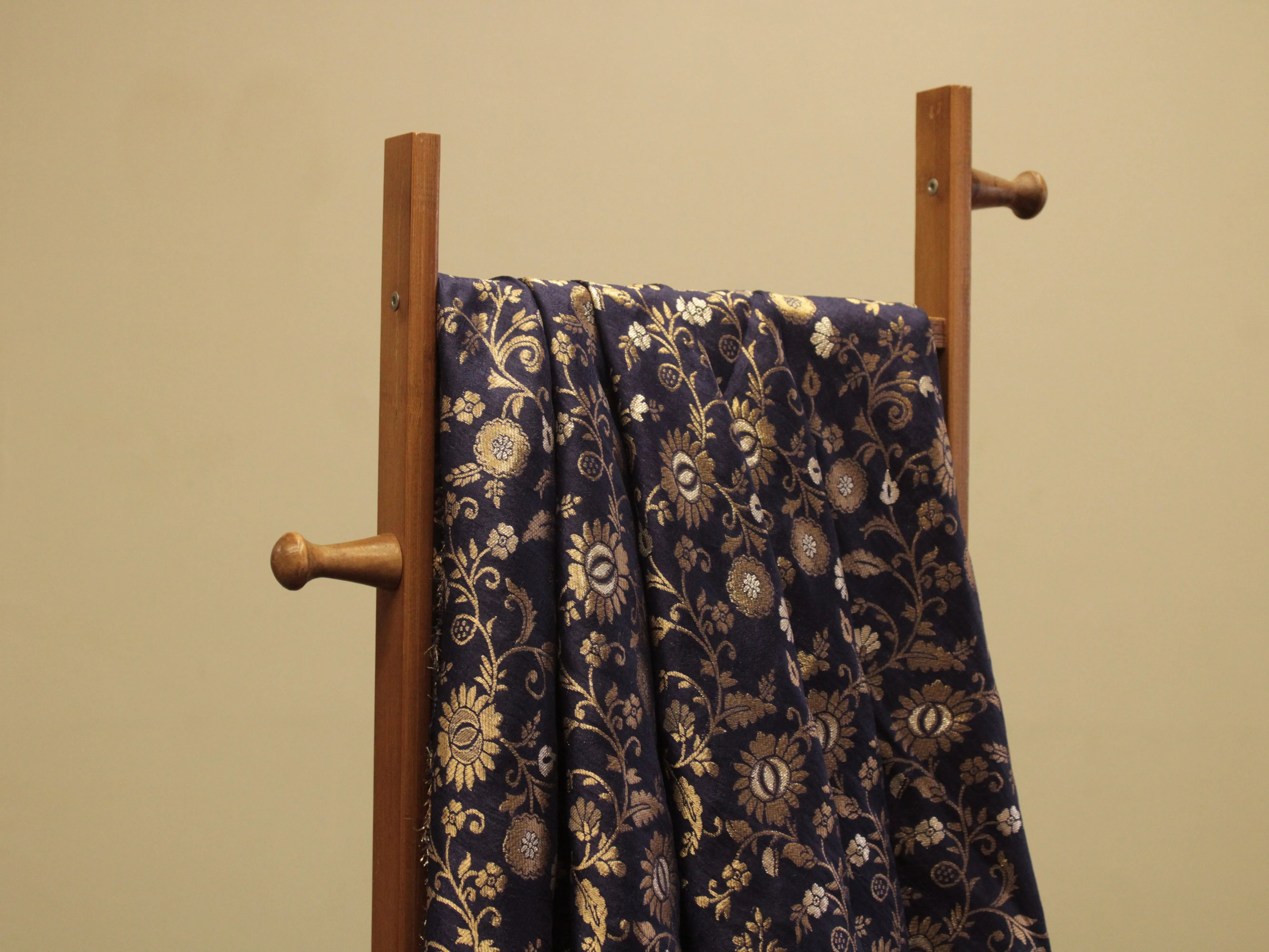 Banarasi Floral Brocade Fabric - Navy Blue