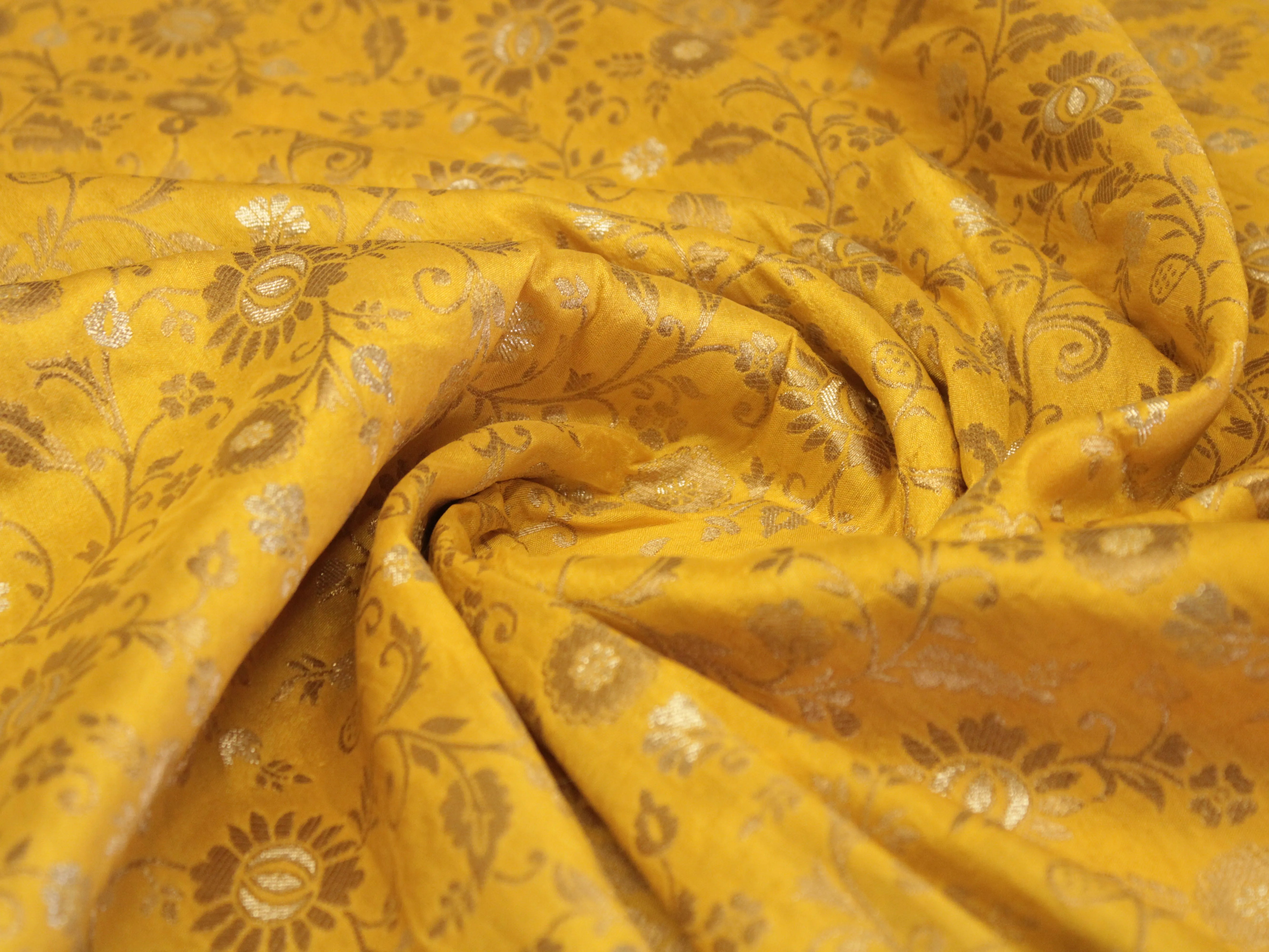 Banarasi Floral Brocade Fabric - Light Mango Yellow