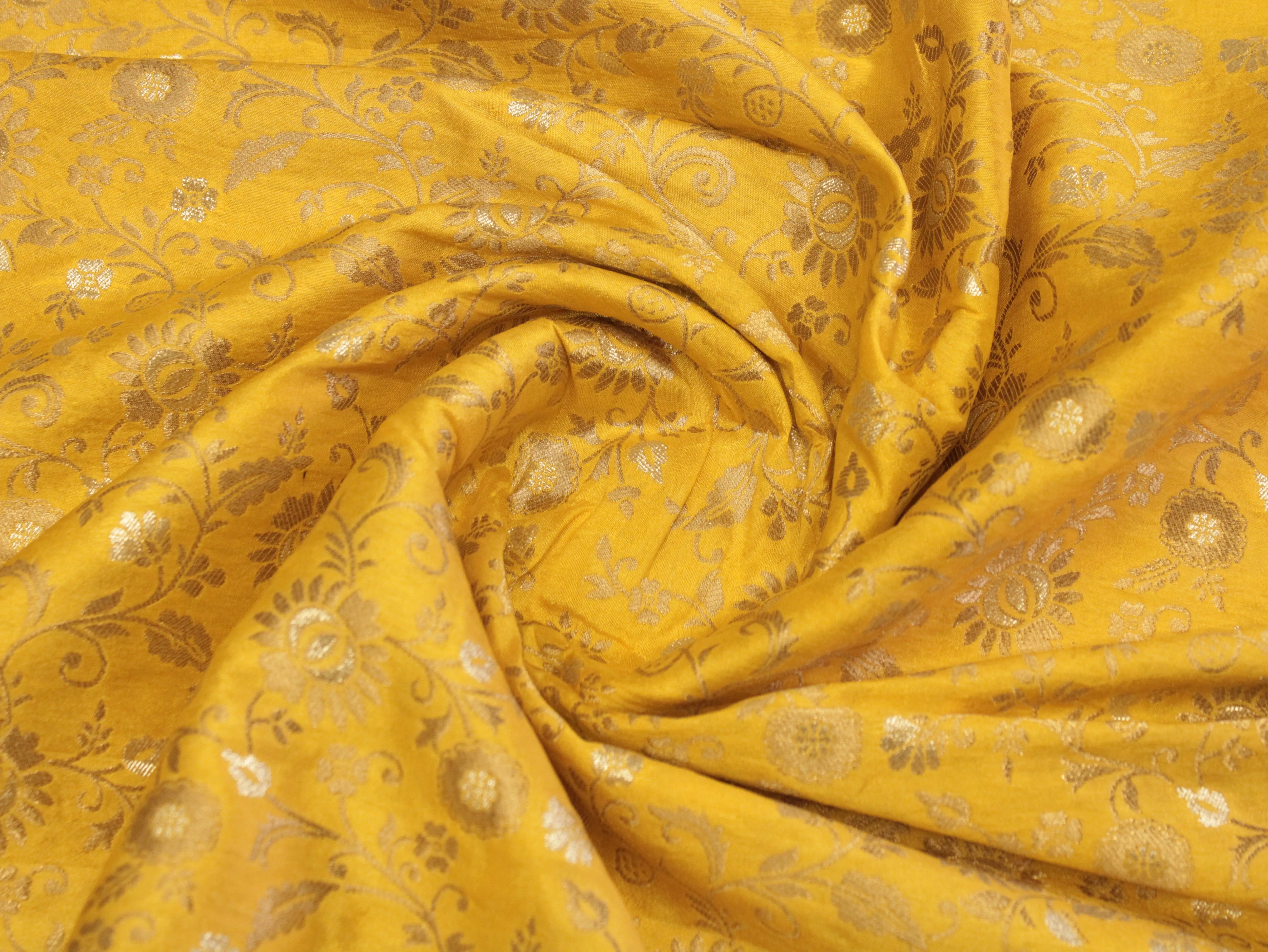 Banarasi Floral Brocade Fabric - Light Mango Yellow