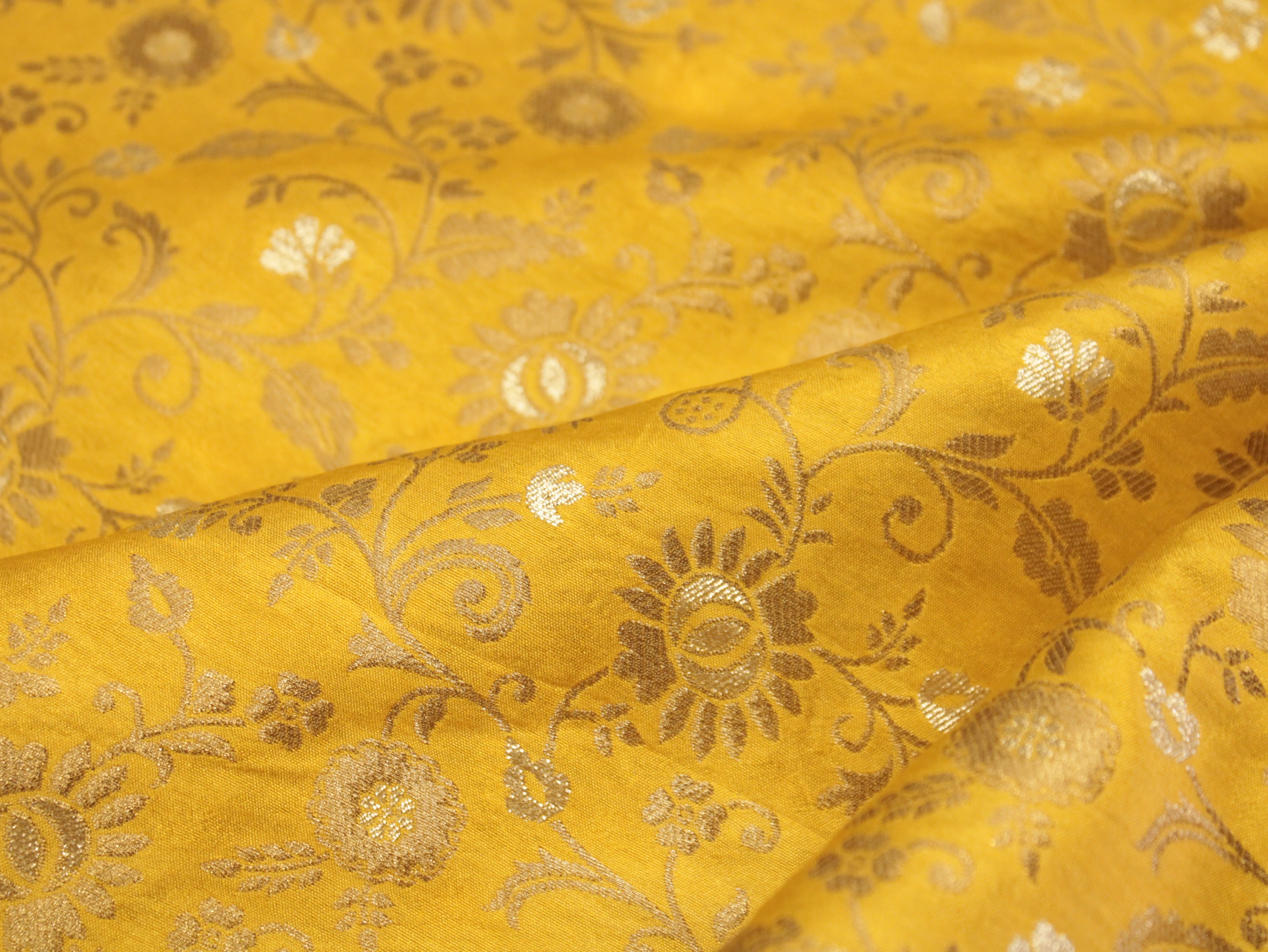 Banarasi Floral Brocade Fabric - Light Mango Yellow