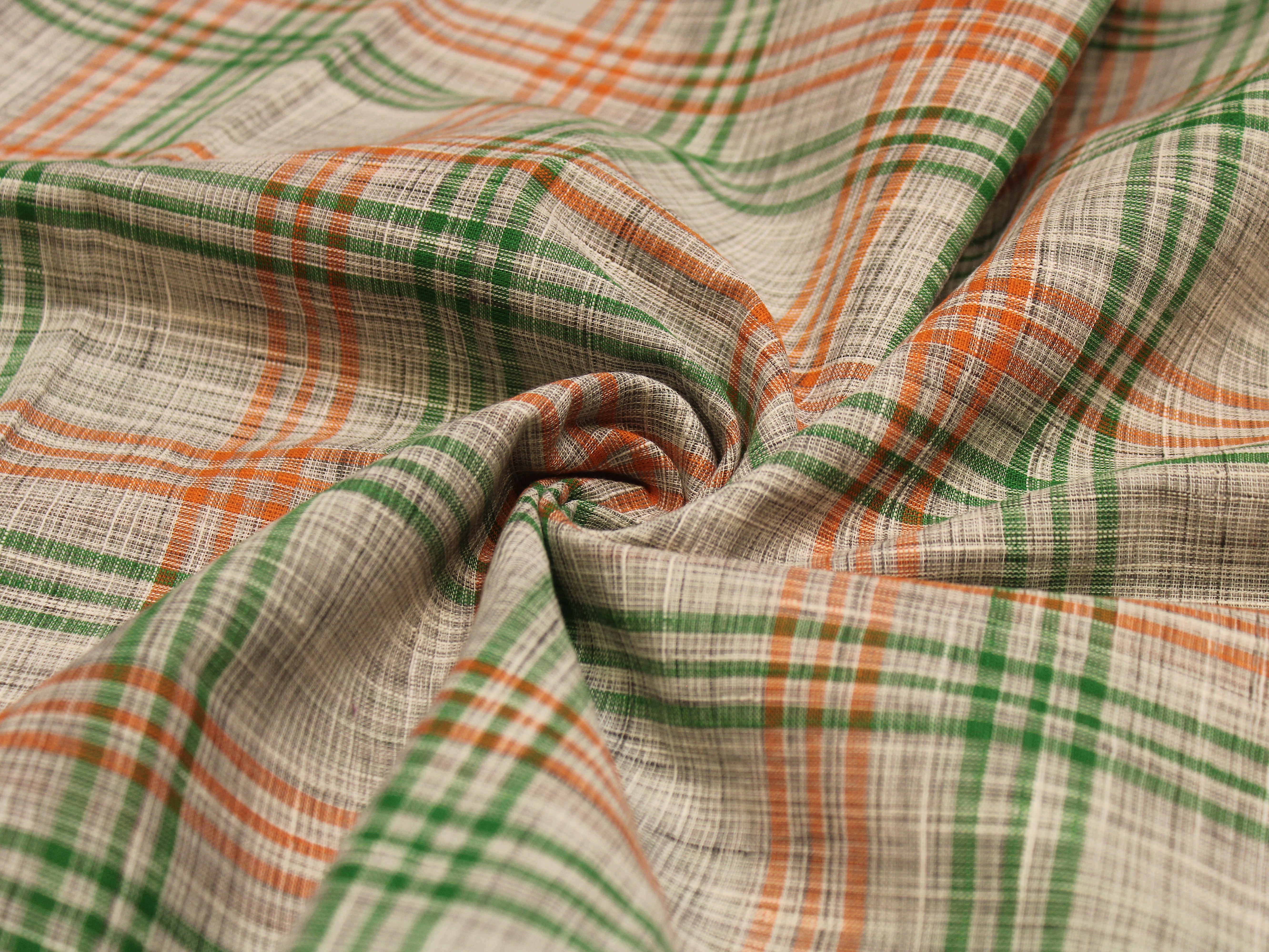 Non-Washed Cotton Handloom Finish Check Fabric 44 Inch | Green & Orange Gingham