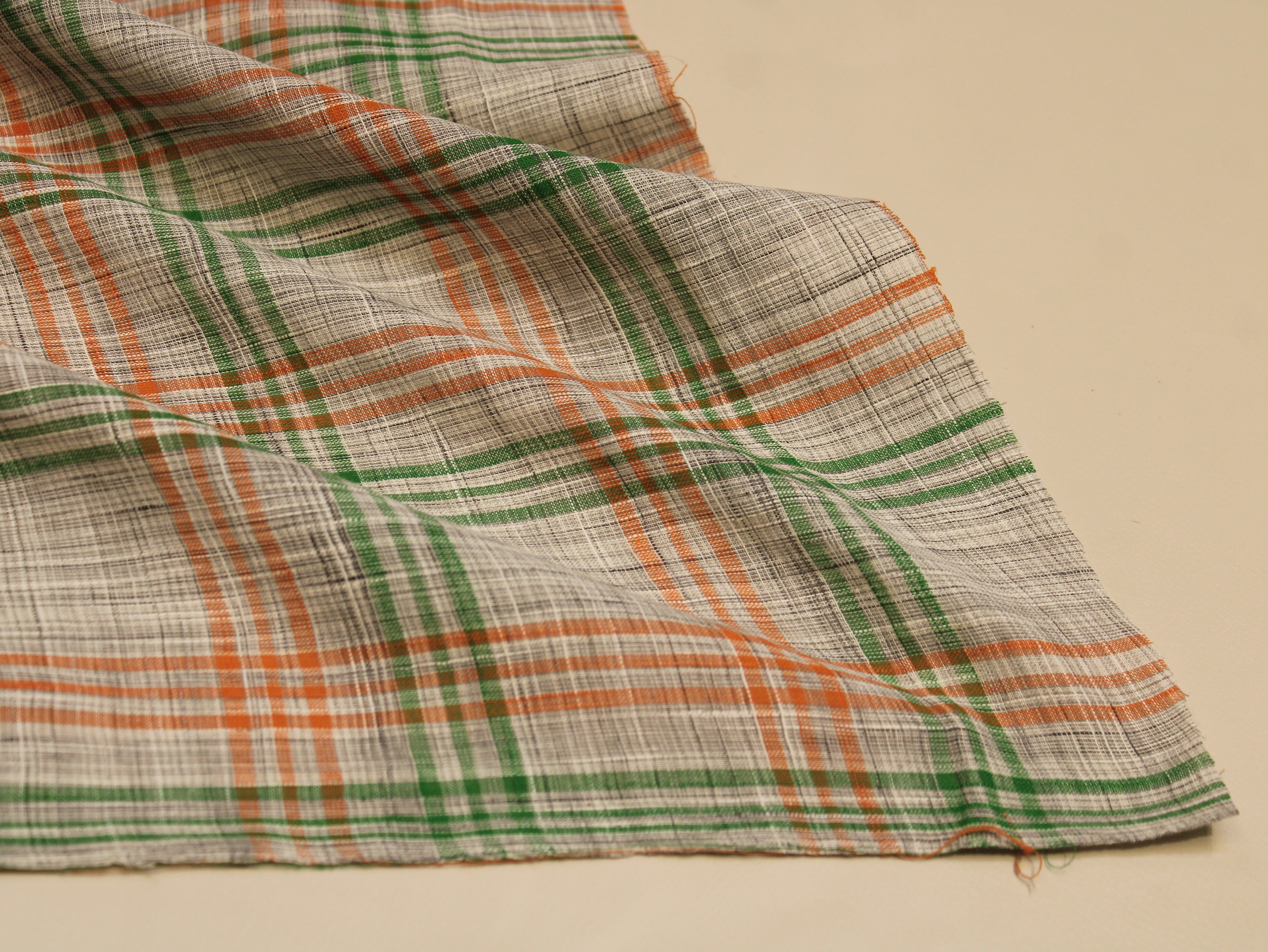Non-Washed Cotton Handloom Finish Check Fabric 44 Inch | Green & Orange Gingham