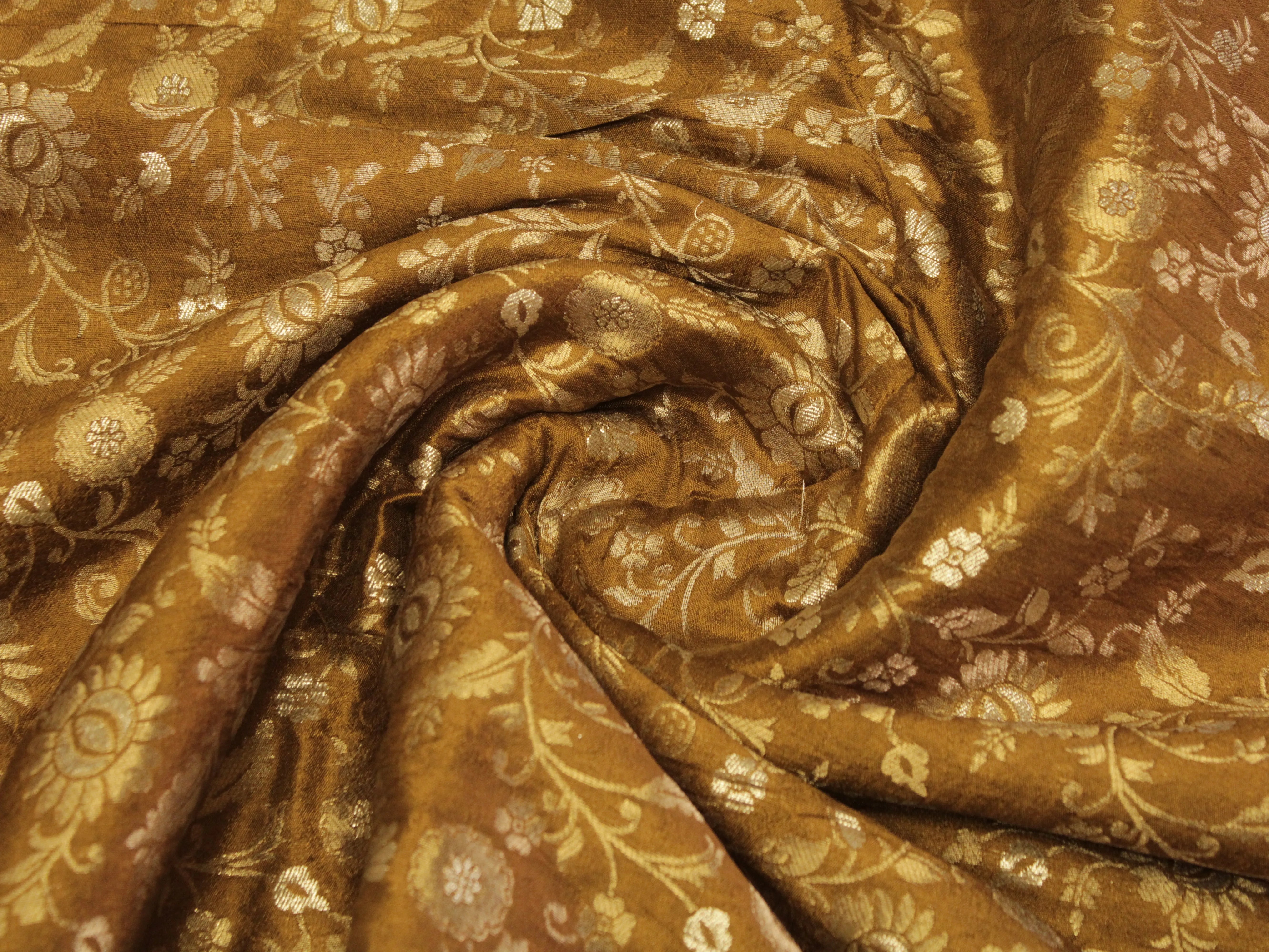 Banarasi Floral Brocade Fabric - Mustard Brown