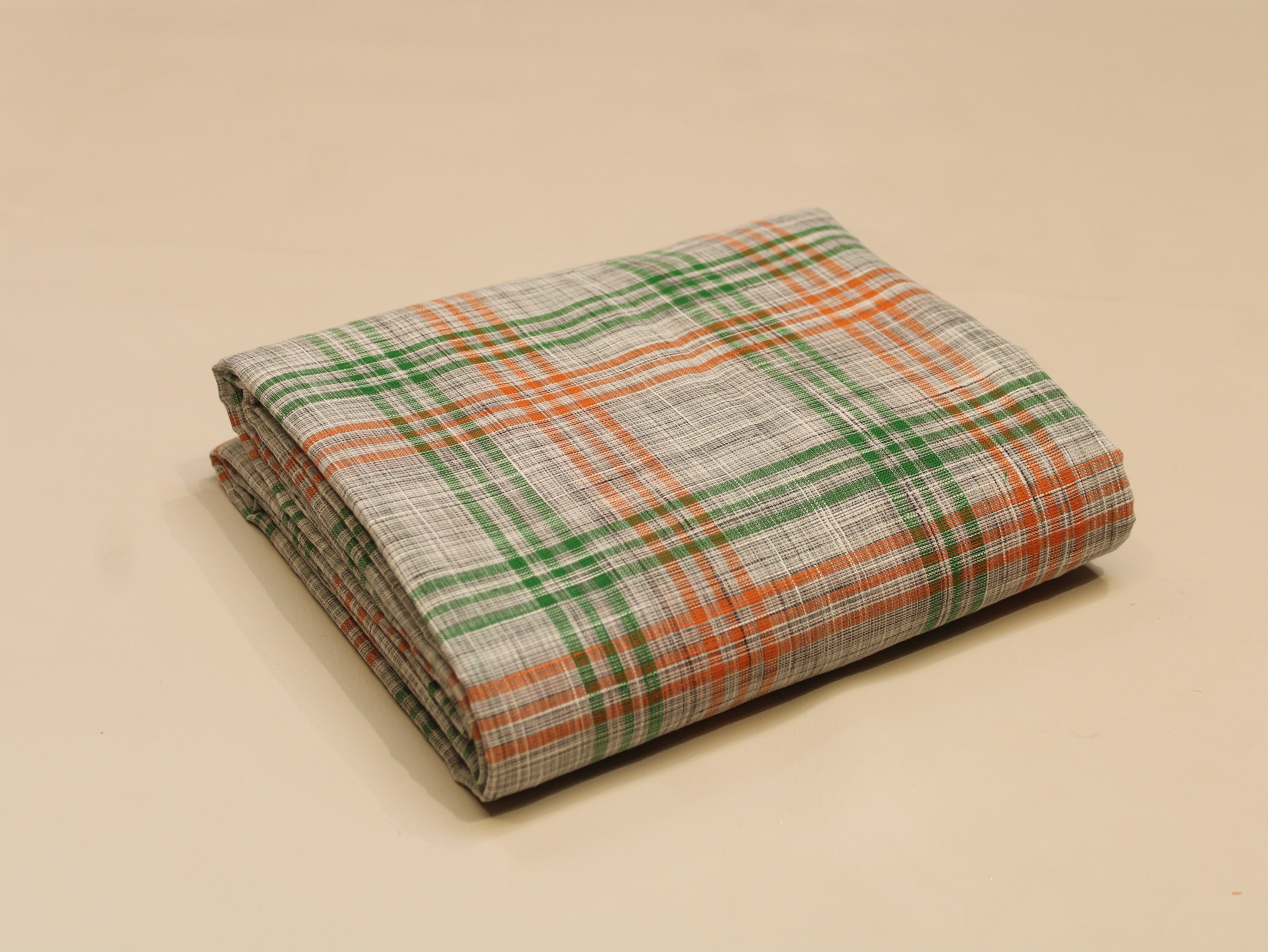 Non-Washed Cotton Handloom Finish Check Fabric 44 Inch | Green & Orange Gingham