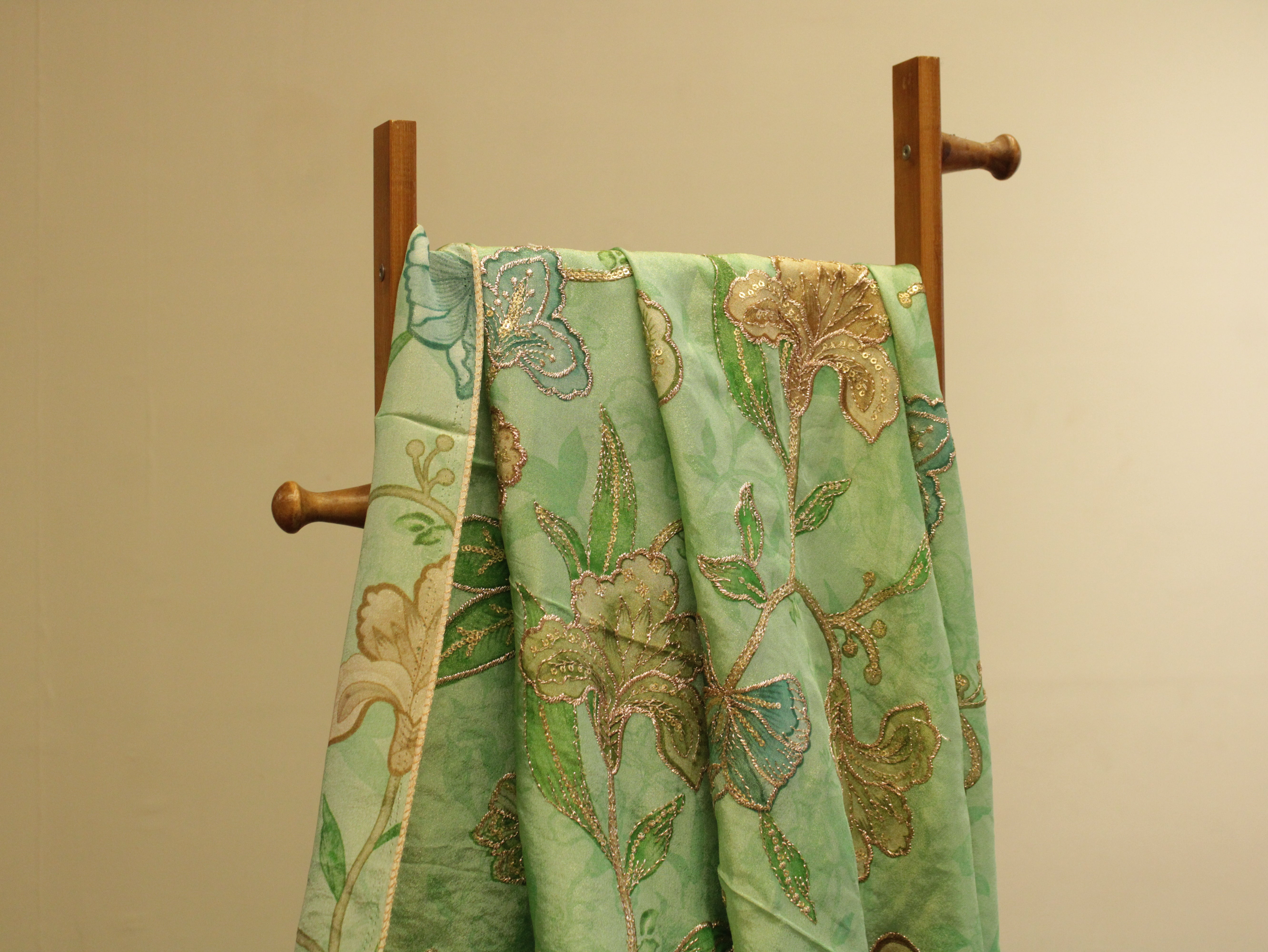 POSH : Digital Print with position work Tissue Fabric - Green