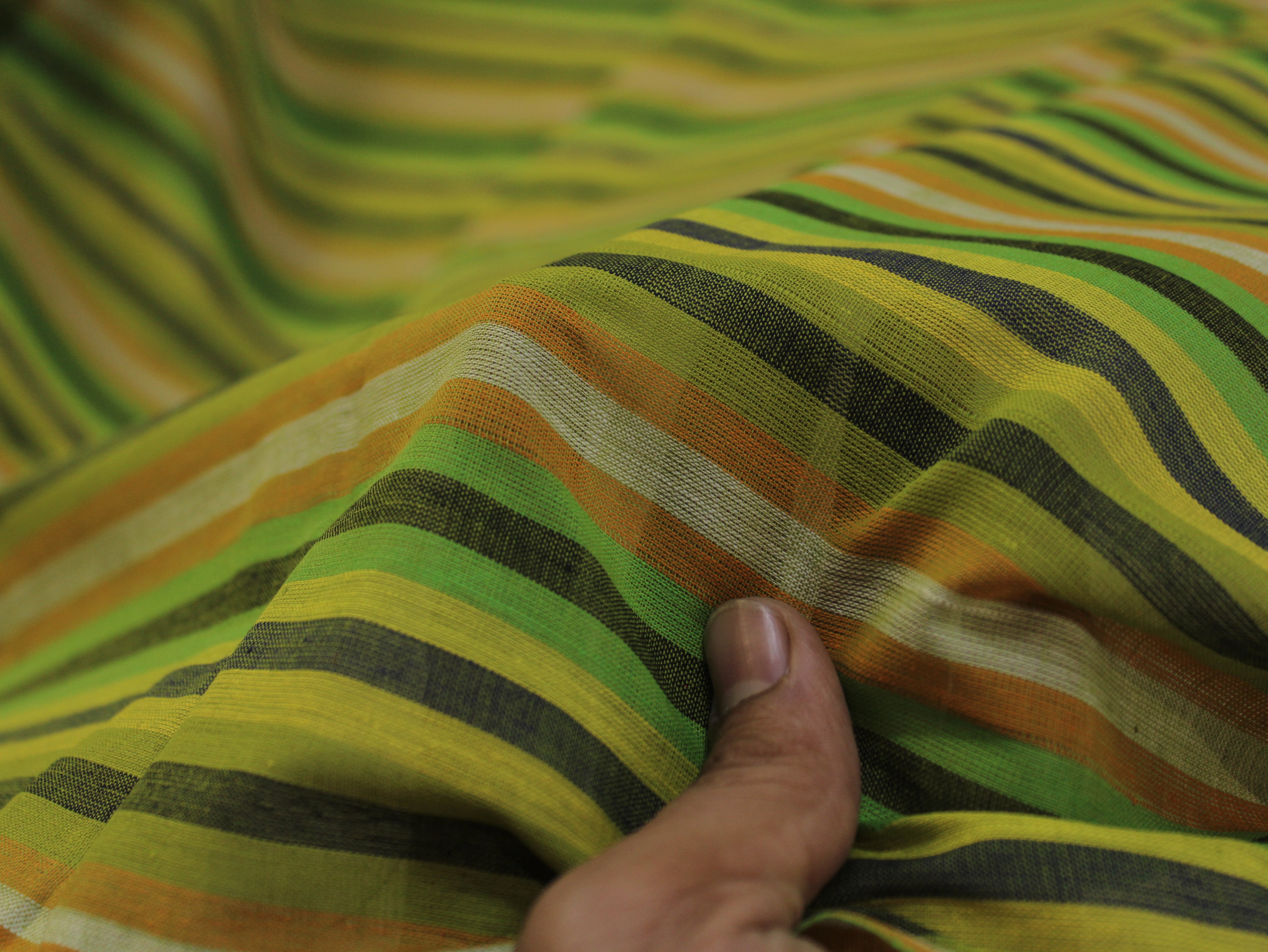 Pure Cotton Yarn-Dyed Handloom Multicolour Stripe Fabric — Olive Citrus