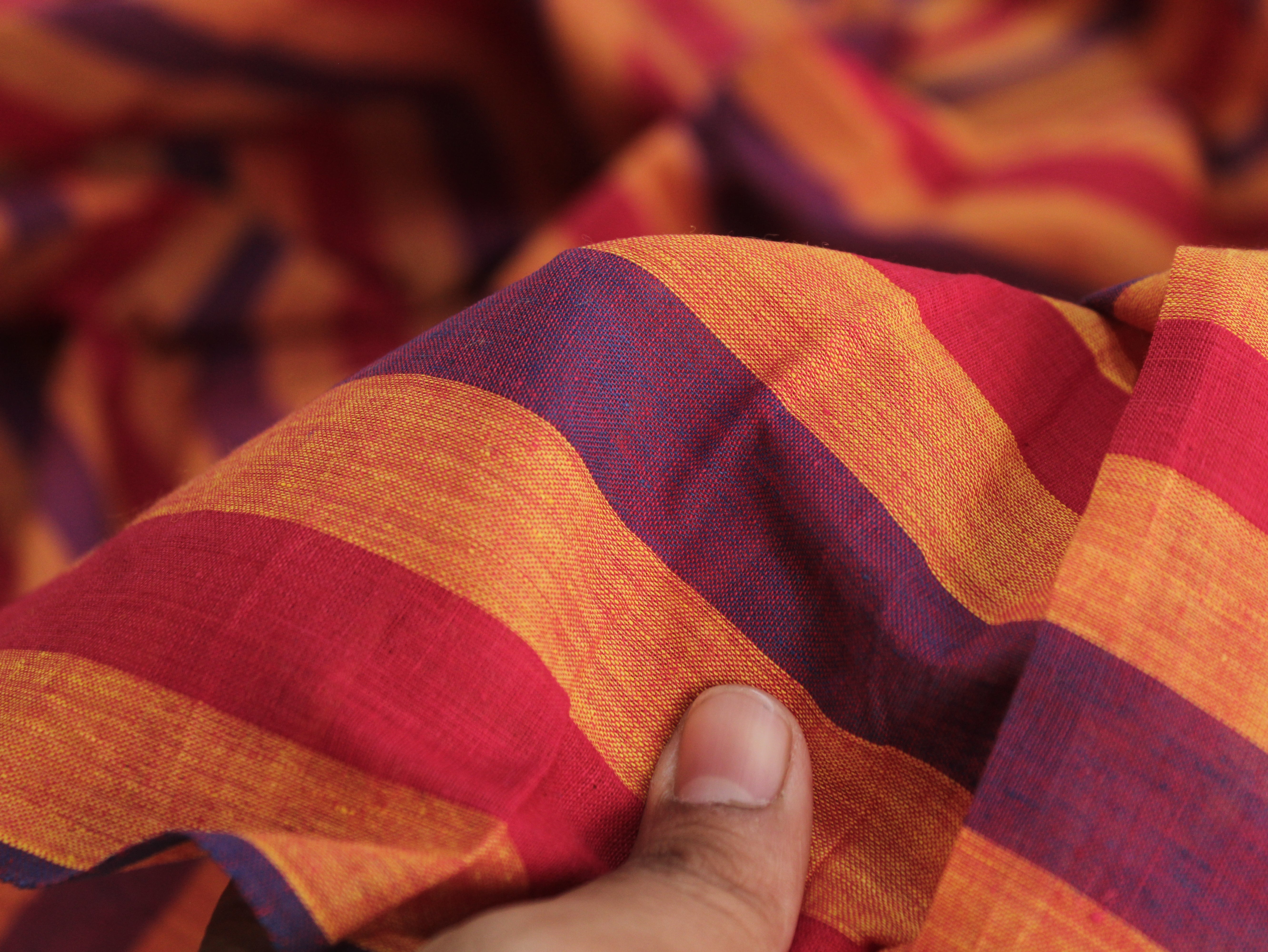 Pure Cotton Handloom Multicolour Stripe Fabric | Saffron Berry | 44 Inch | Non-Washed