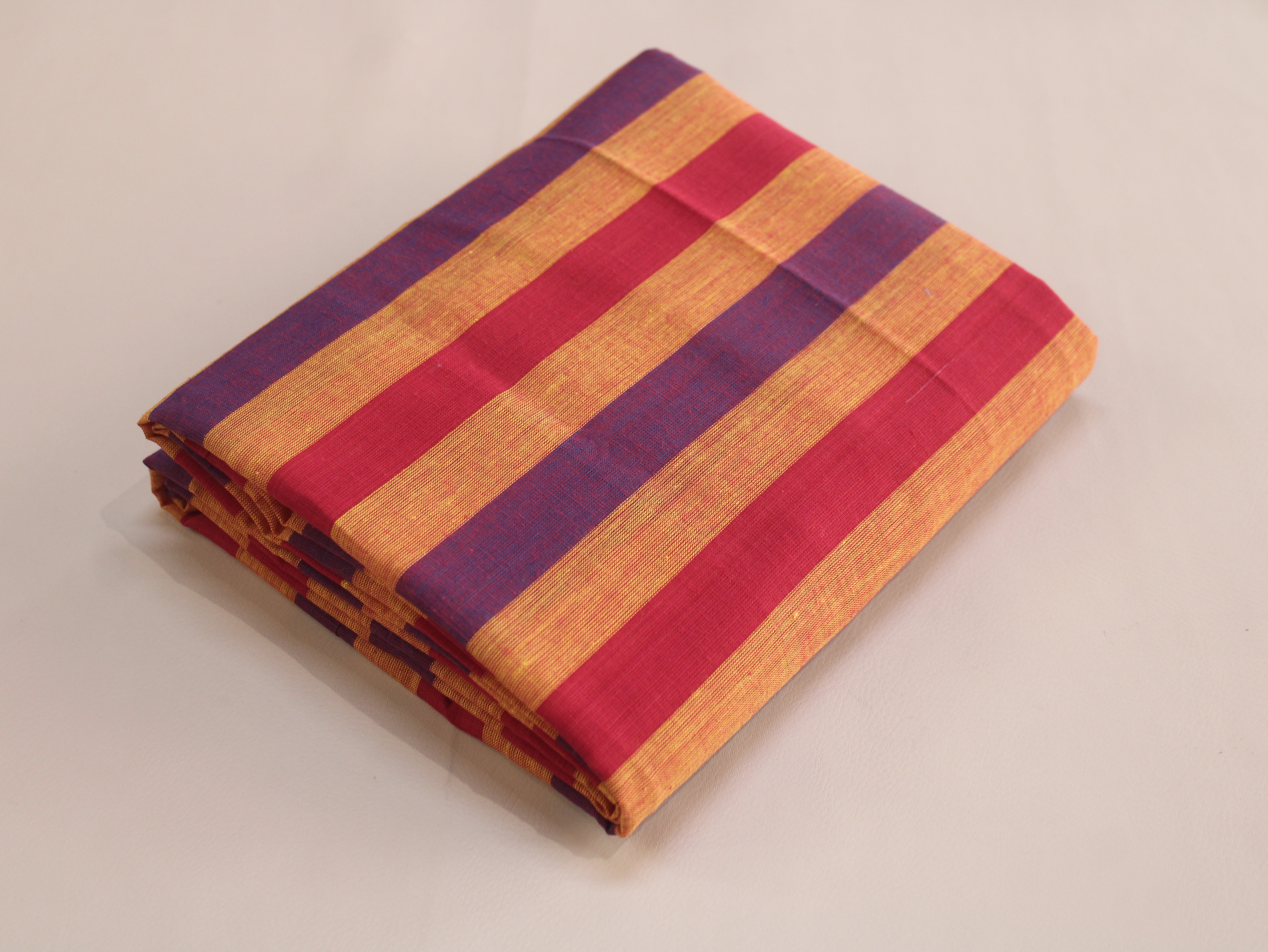 Pure Cotton Handloom Multicolour Stripe Fabric | Saffron Berry | 44 Inch | Non-Washed