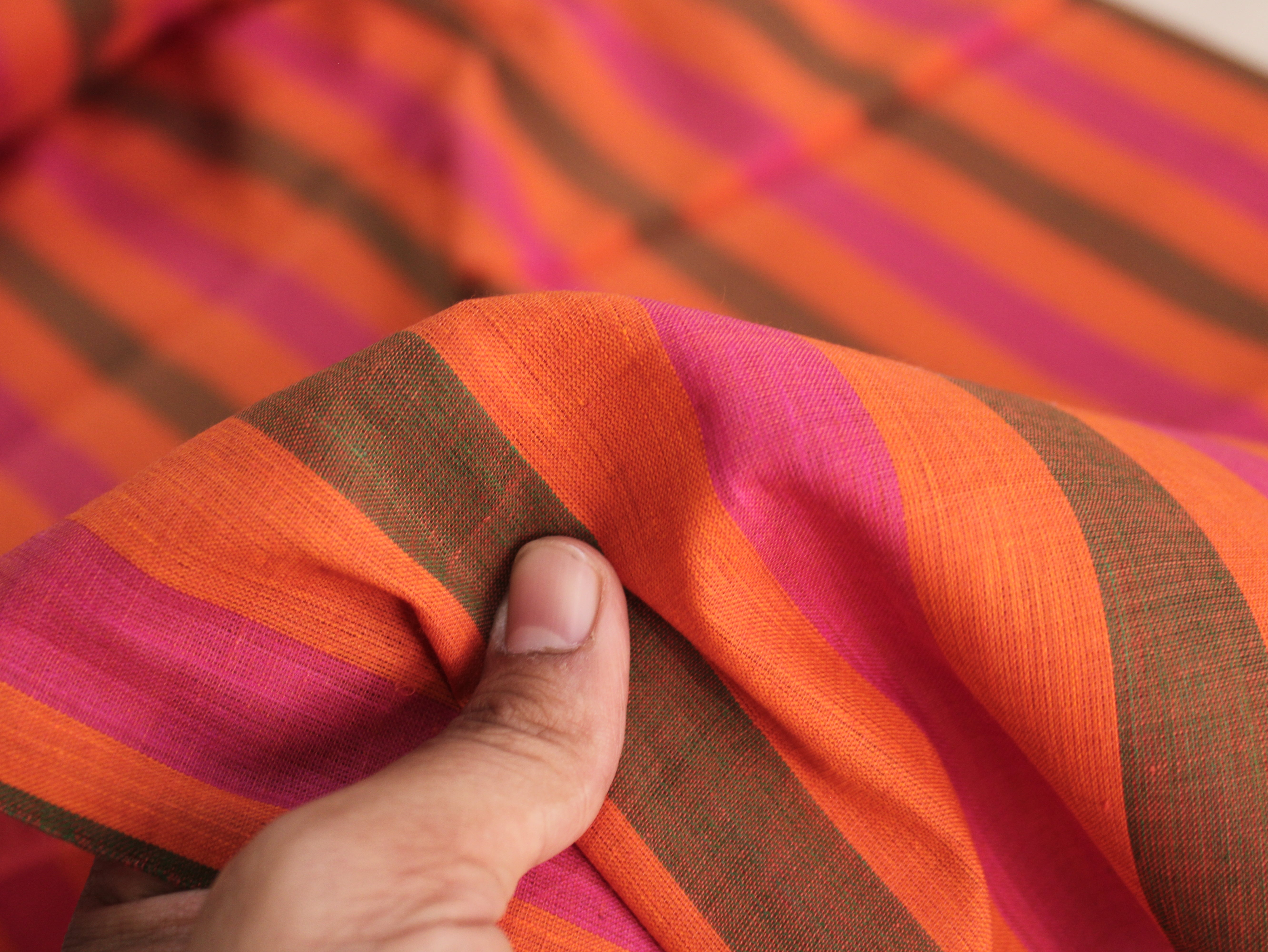 Pure Cotton Handloom Multicolour Stripe Fabric | Flame Fuchsia | 44 Inch | Non-Washed