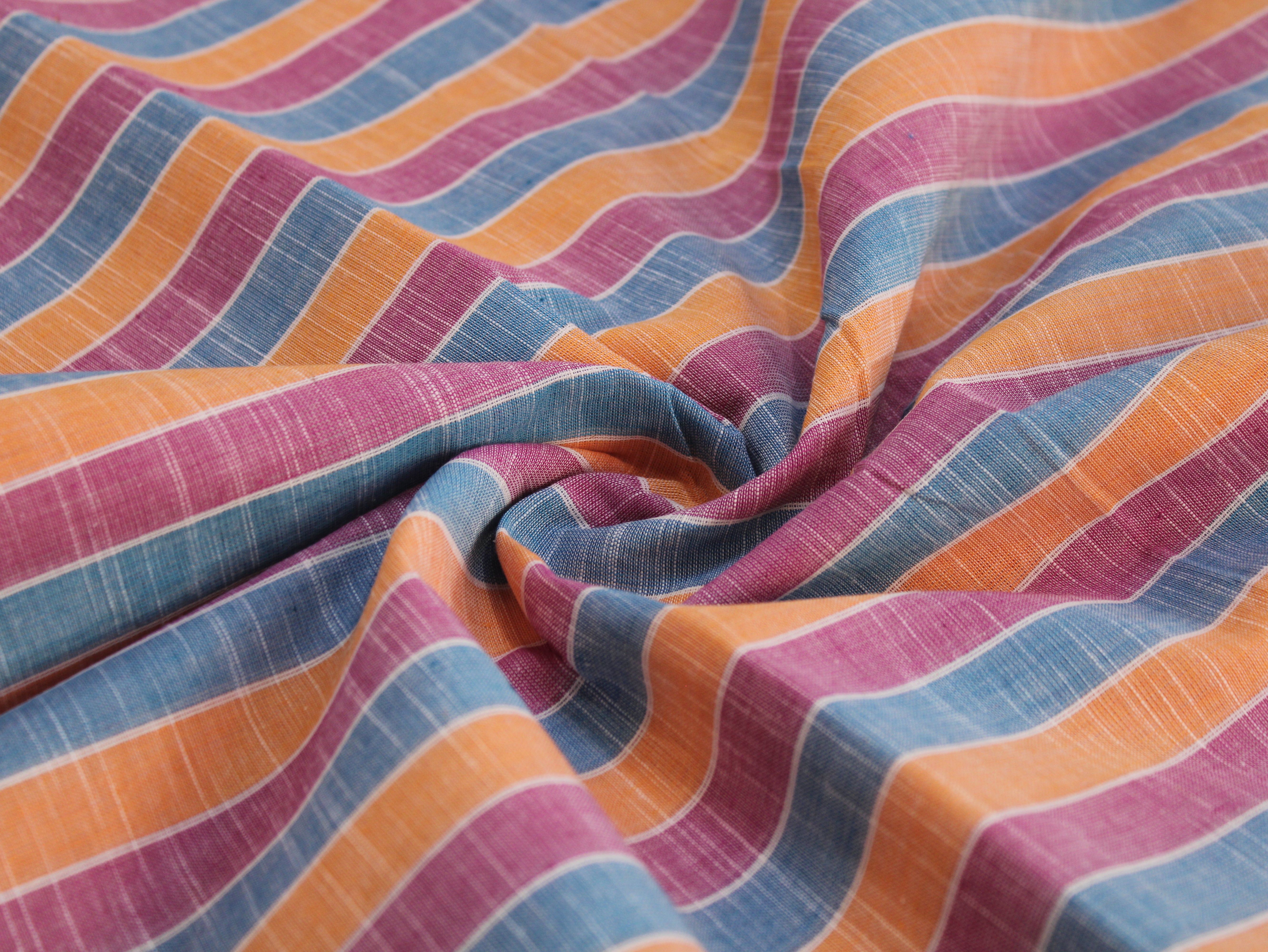 Pure Cotton Handloom Multicolour Stripe Fabric | Blue Pink Orange | 44 Inch | Non-Washed | 100 GSM
