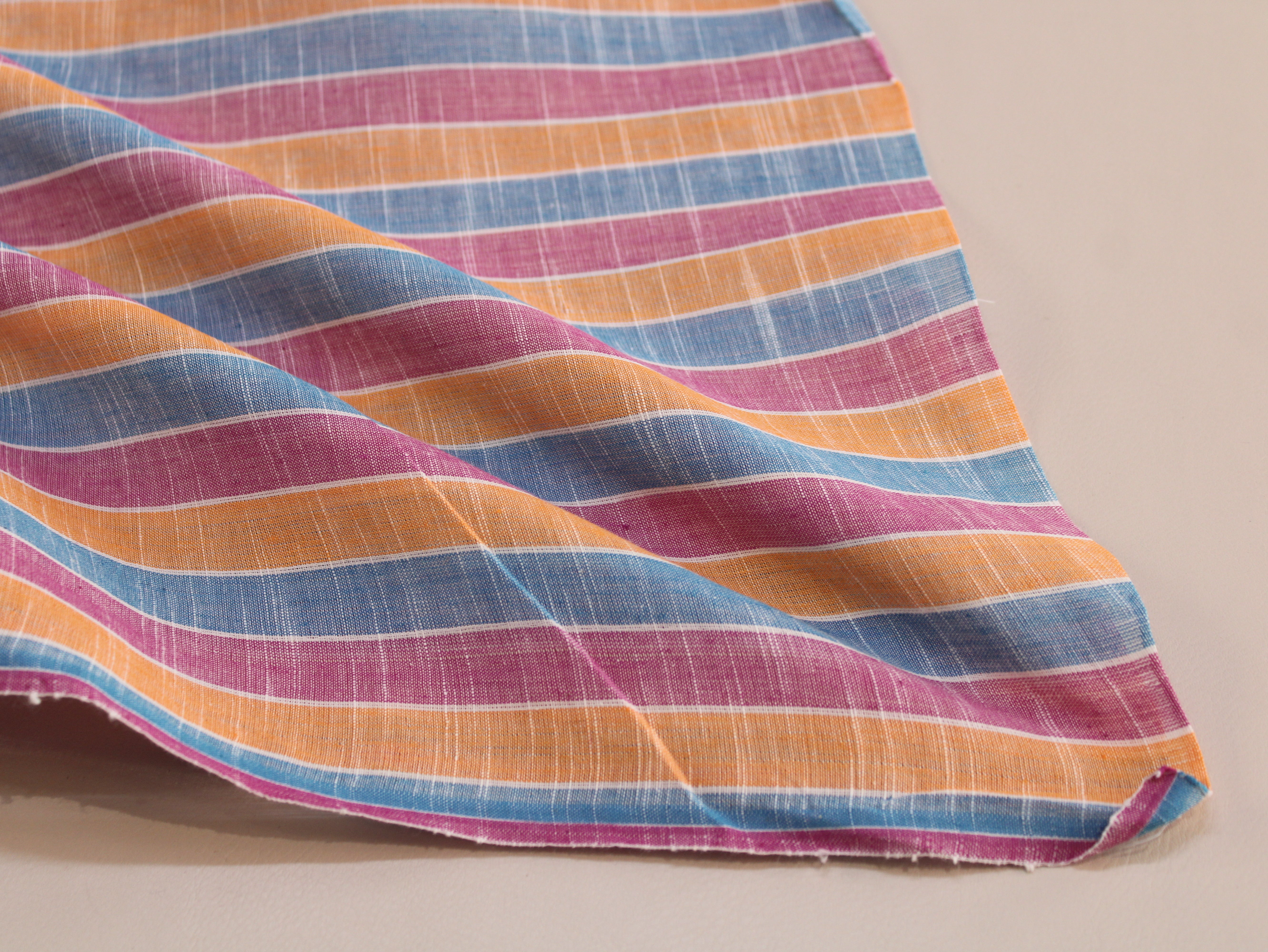 Pure Cotton Handloom Multicolour Stripe Fabric | Blue Pink Orange | 44 Inch | Non-Washed | 100 GSM