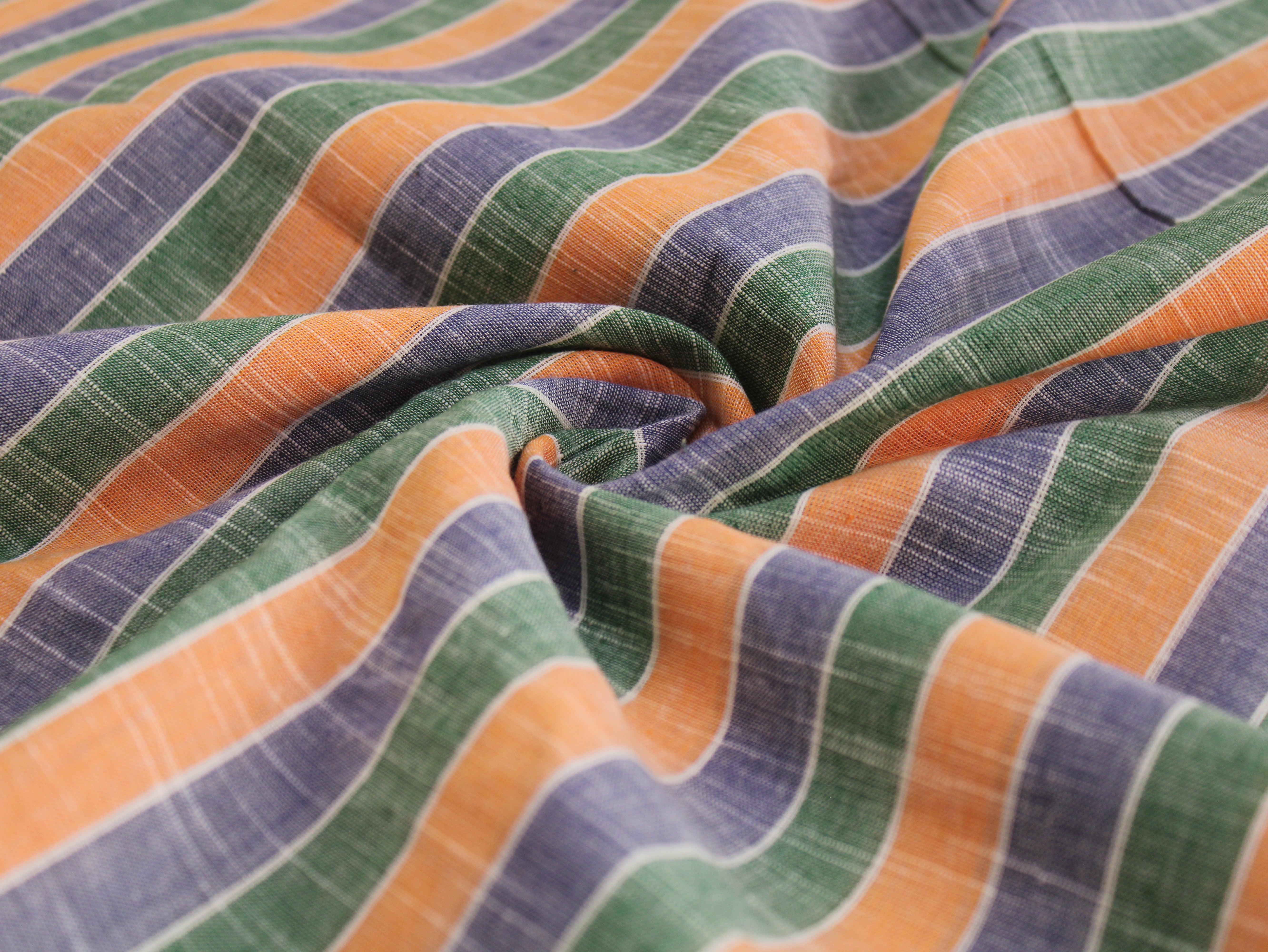 Pure Cotton Handloom Multicolour Stripe Fabric | Green Purple Orange | 44 Inch | Non-Washed | 100 GSM