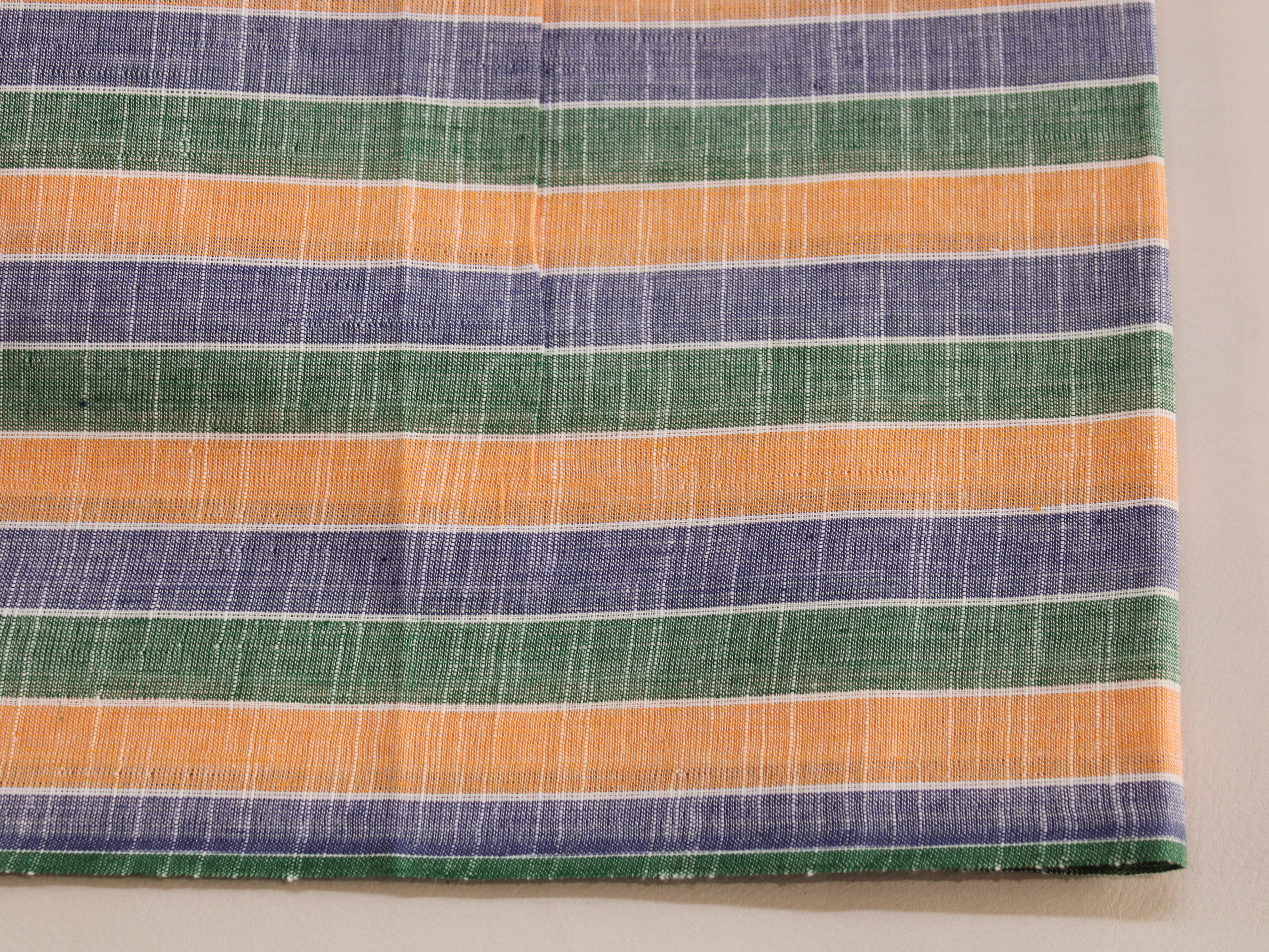 Pure Cotton Handloom Multicolour Stripe Fabric | Green Purple Orange | 44 Inch | Non-Washed | 100 GSM