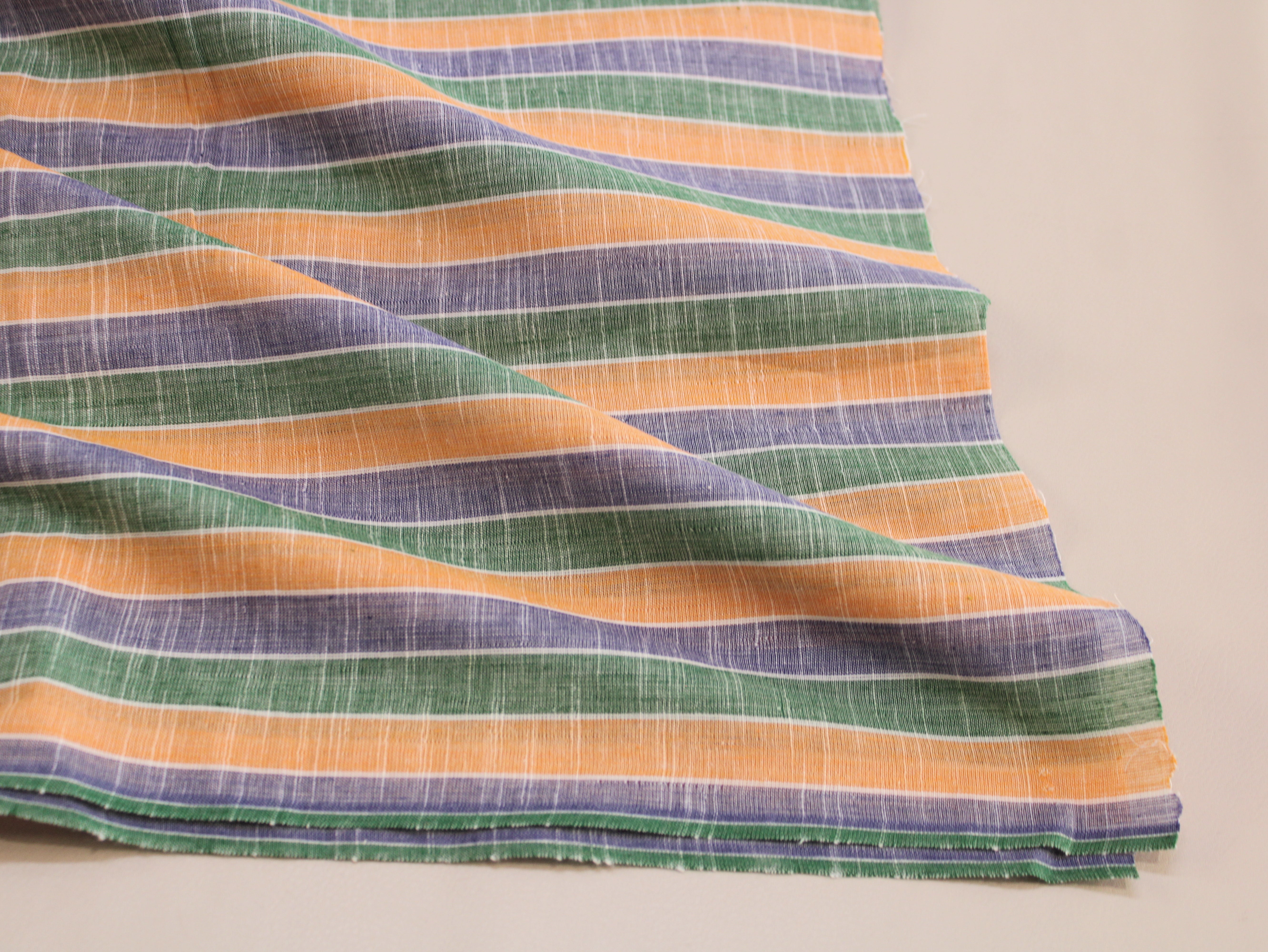 Pure Cotton Handloom Multicolour Stripe Fabric | Green Purple Orange | 44 Inch | Non-Washed | 100 GSM