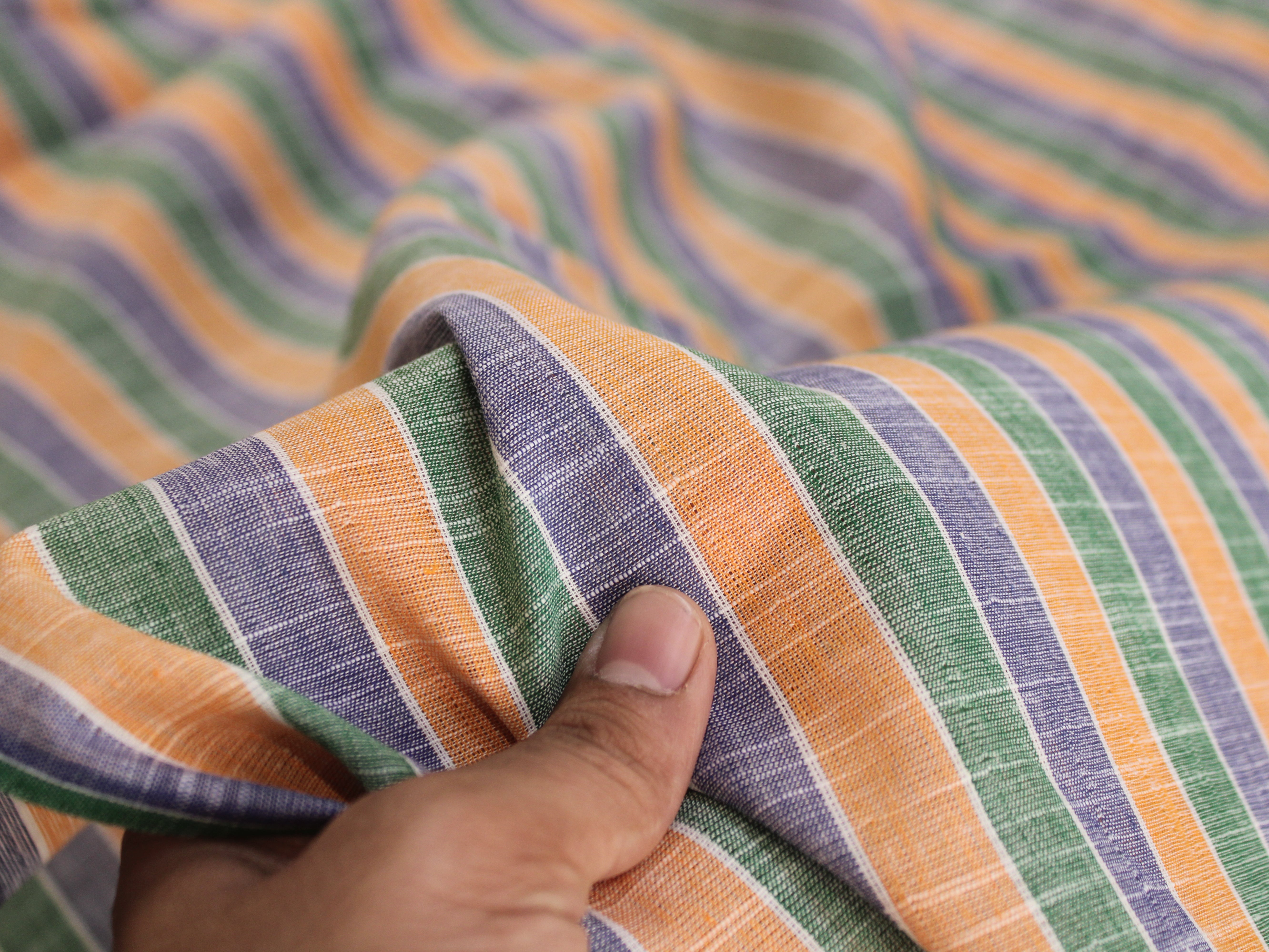 Pure Cotton Handloom Multicolour Stripe Fabric | Green Purple Orange | 44 Inch | Non-Washed | 100 GSM