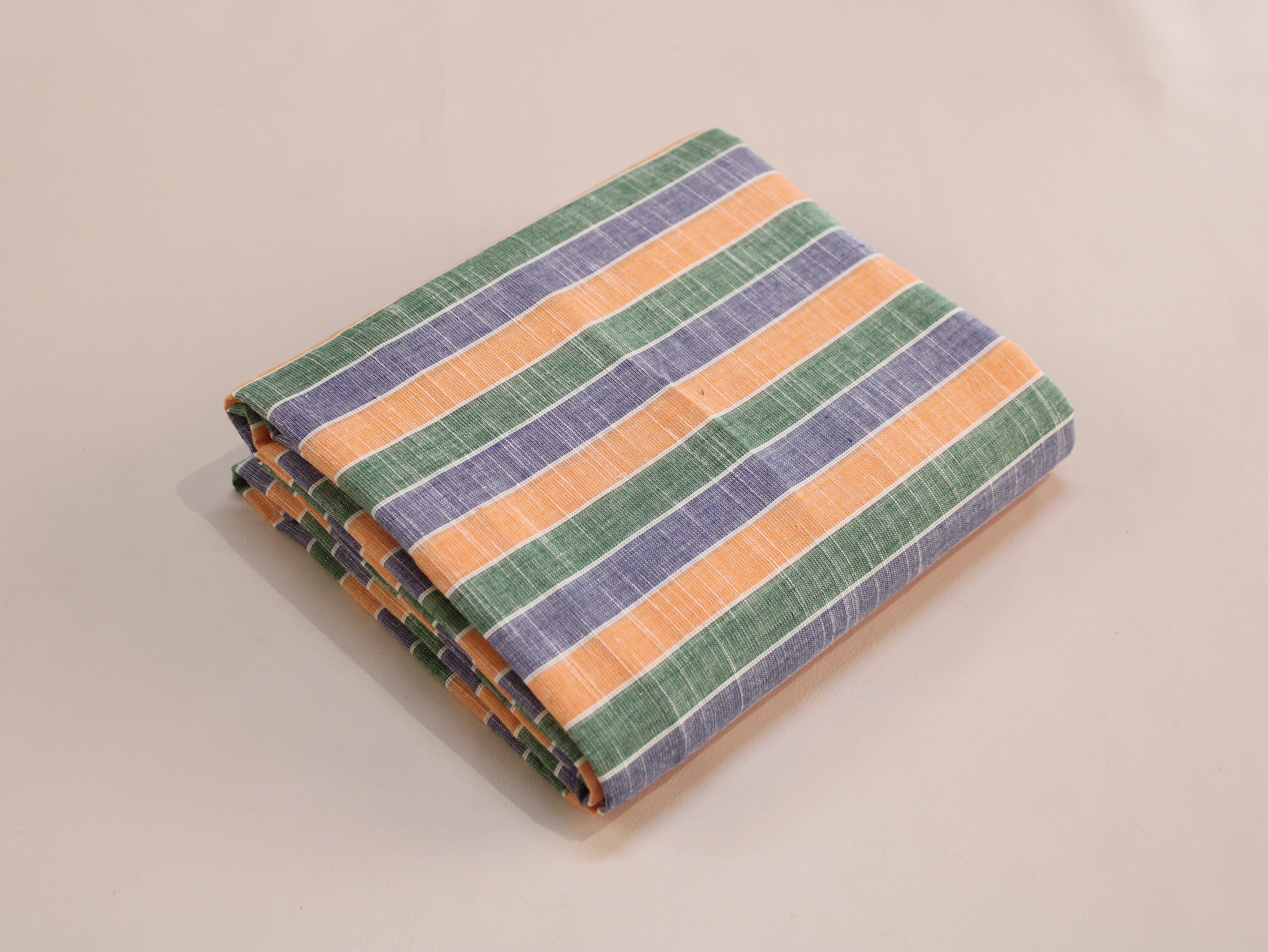 Pure Cotton Handloom Multicolour Stripe Fabric | Green Purple Orange | 44 Inch | Non-Washed | 100 GSM