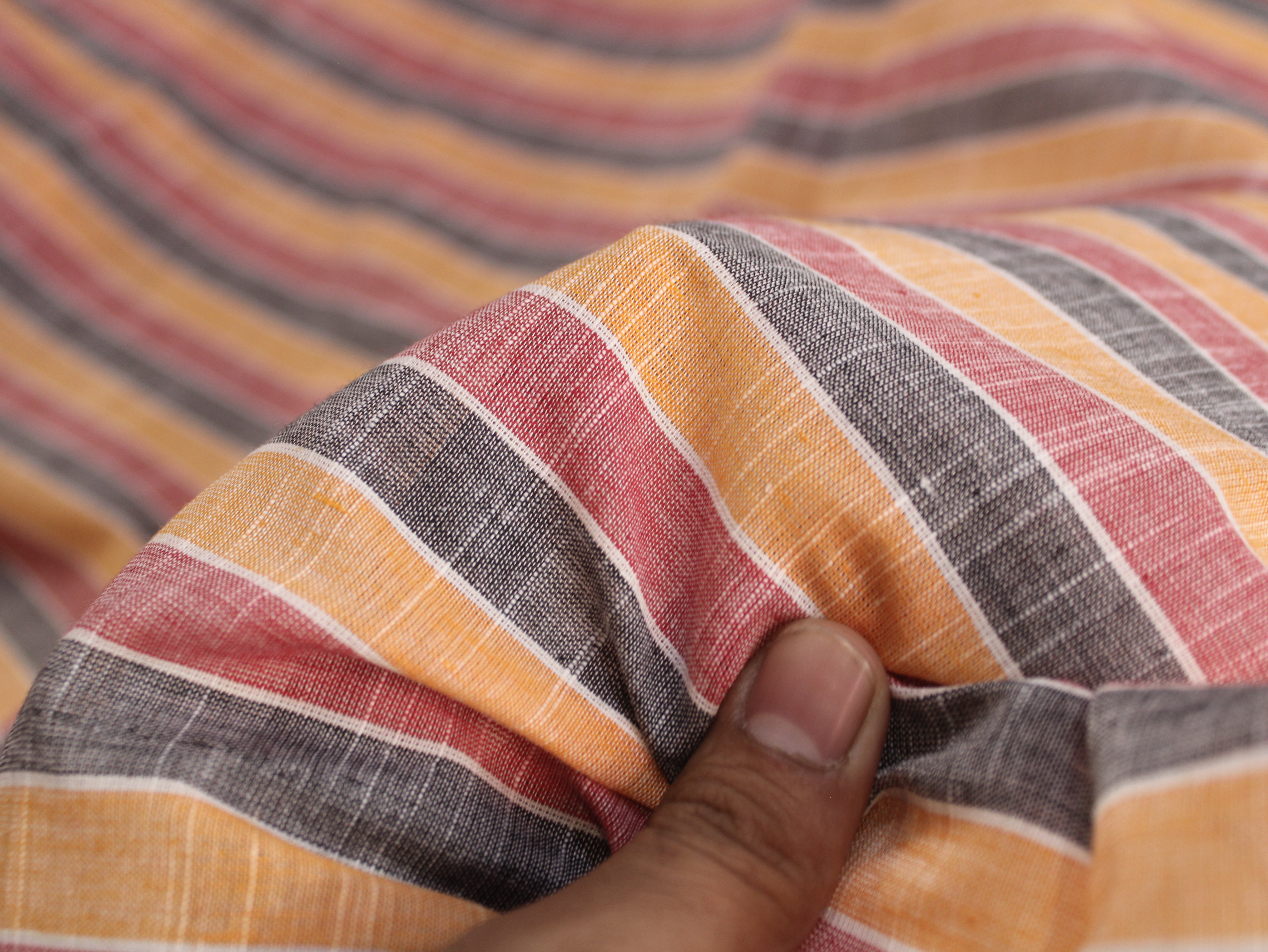 Pure Cotton Handloom Multicolour Stripe Fabric | Yellow Pink Black | 44 Inch | Non-Washed | 100 GSM