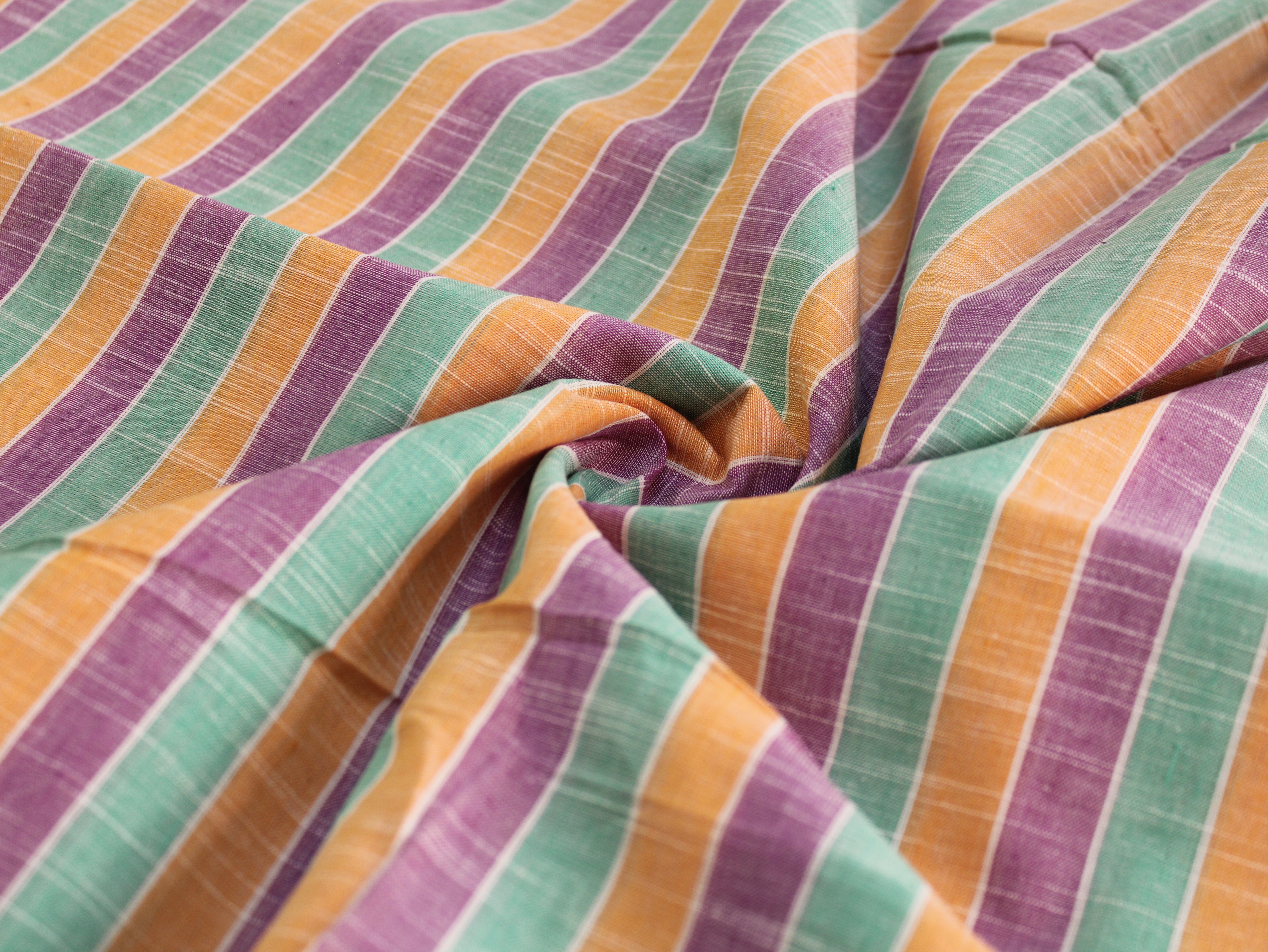 Pure Cotton Handloom Multicolour Stripe Fabric | Mint Green Purple Orange | 44 Inch | Non-Washed | 100 GSM