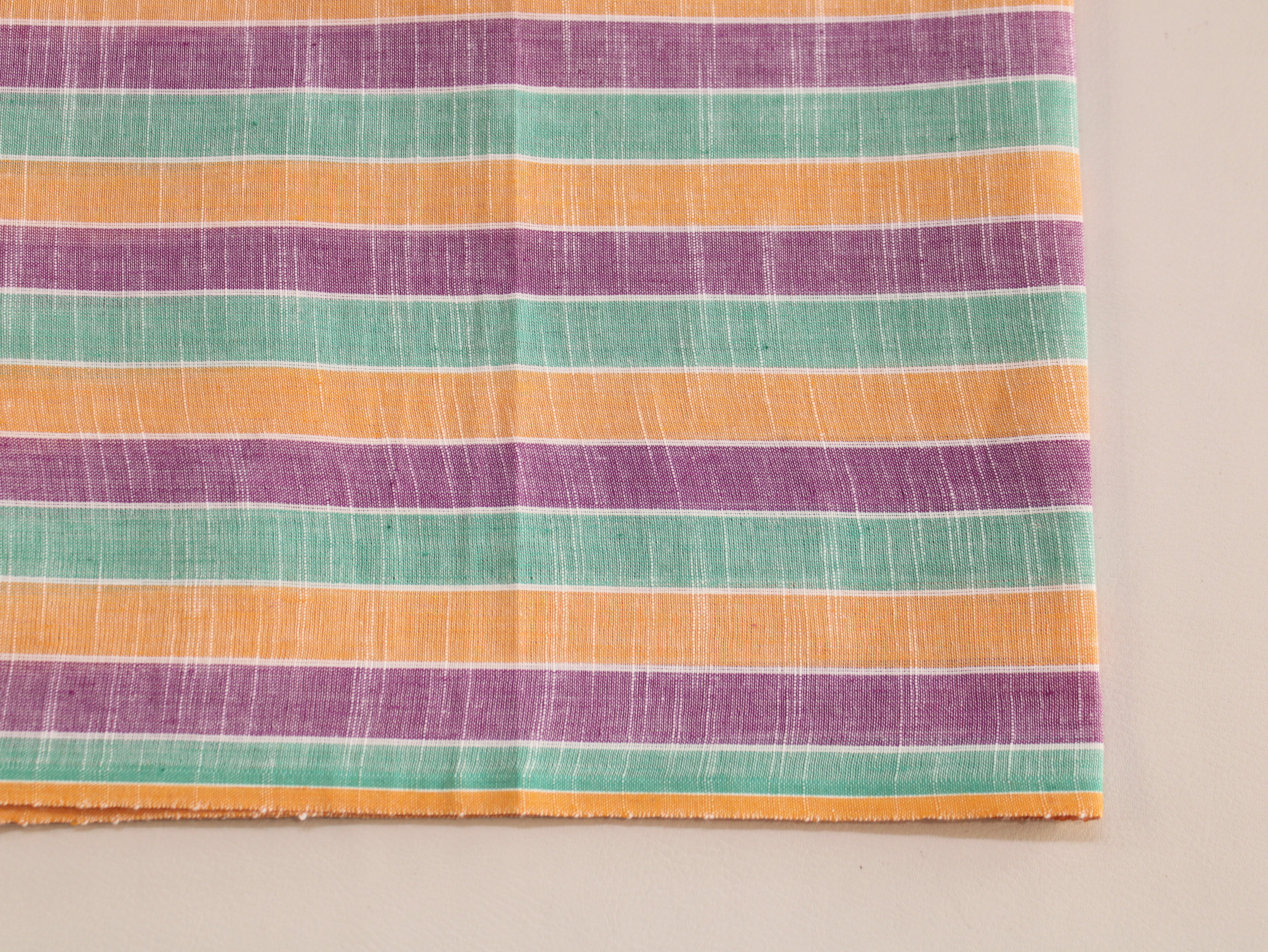 Pure Cotton Handloom Multicolour Stripe Fabric | Mint Green Purple Orange | 44 Inch | Non-Washed | 100 GSM