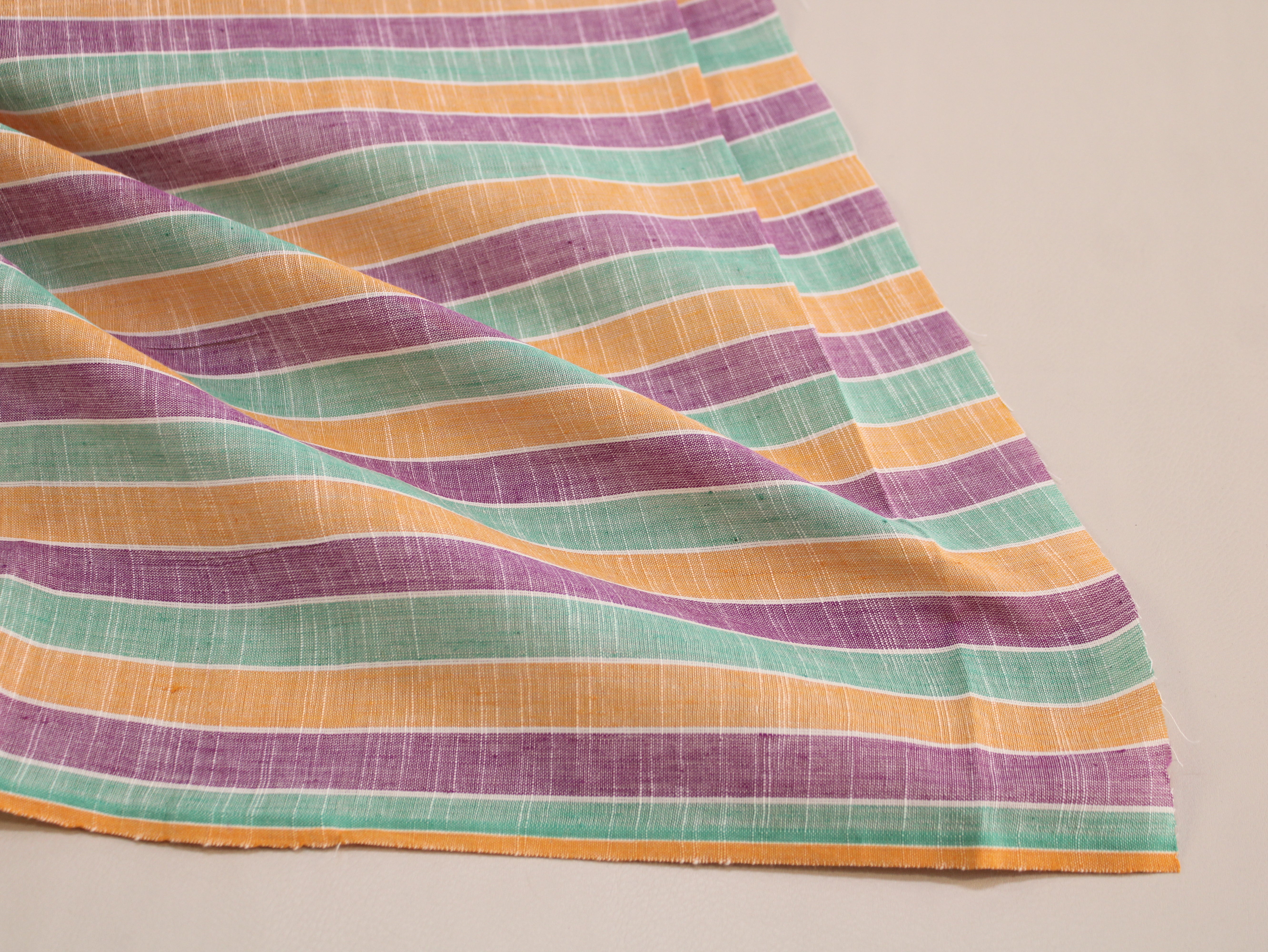 Pure Cotton Handloom Multicolour Stripe Fabric | Mint Green Purple Orange | 44 Inch | Non-Washed | 100 GSM