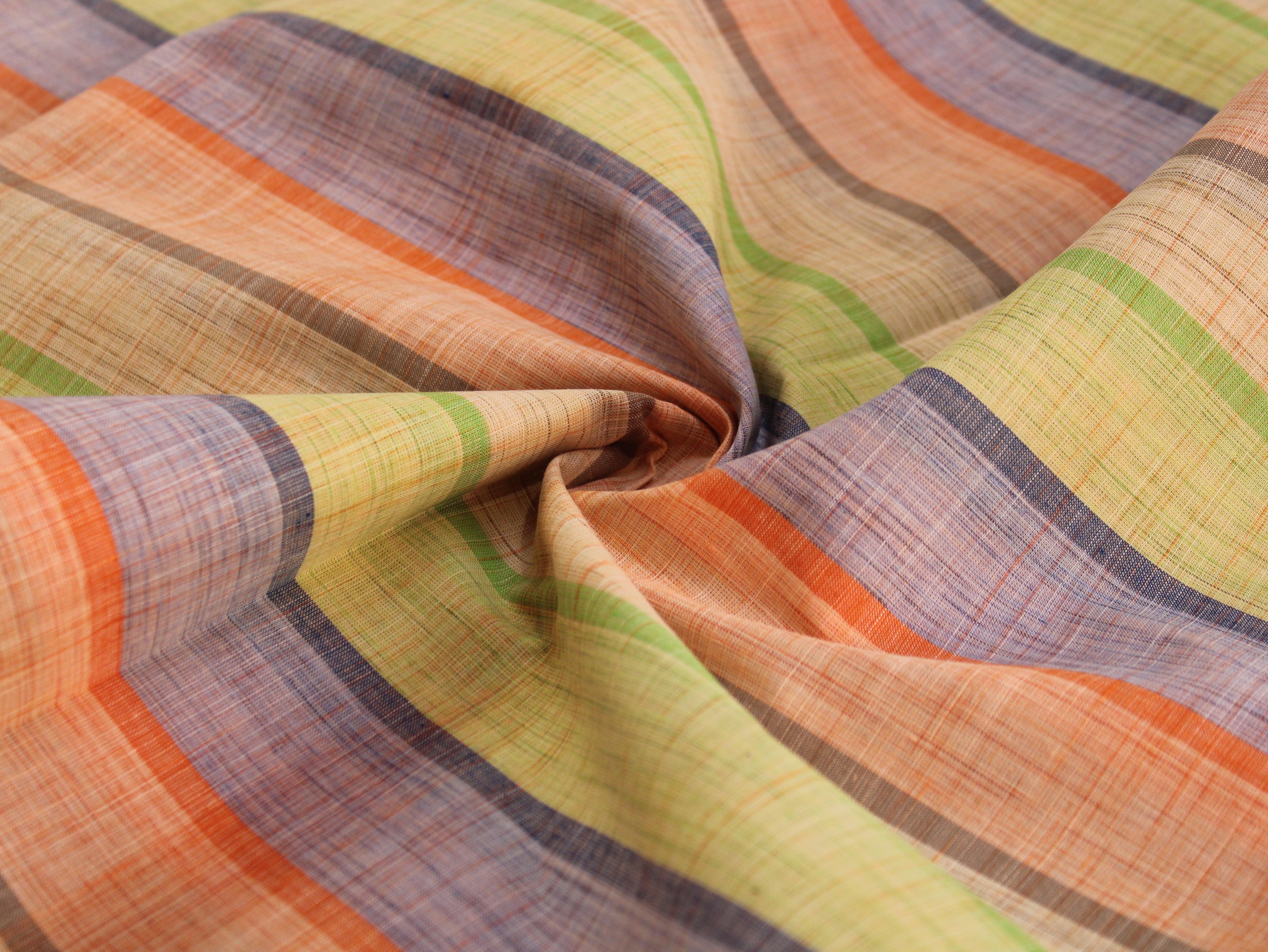 Pure Cotton Handloom Multicolour Stripe Fabric | Light Green Purple Orange | 44 Inch | Non-Washed | 100 GSM