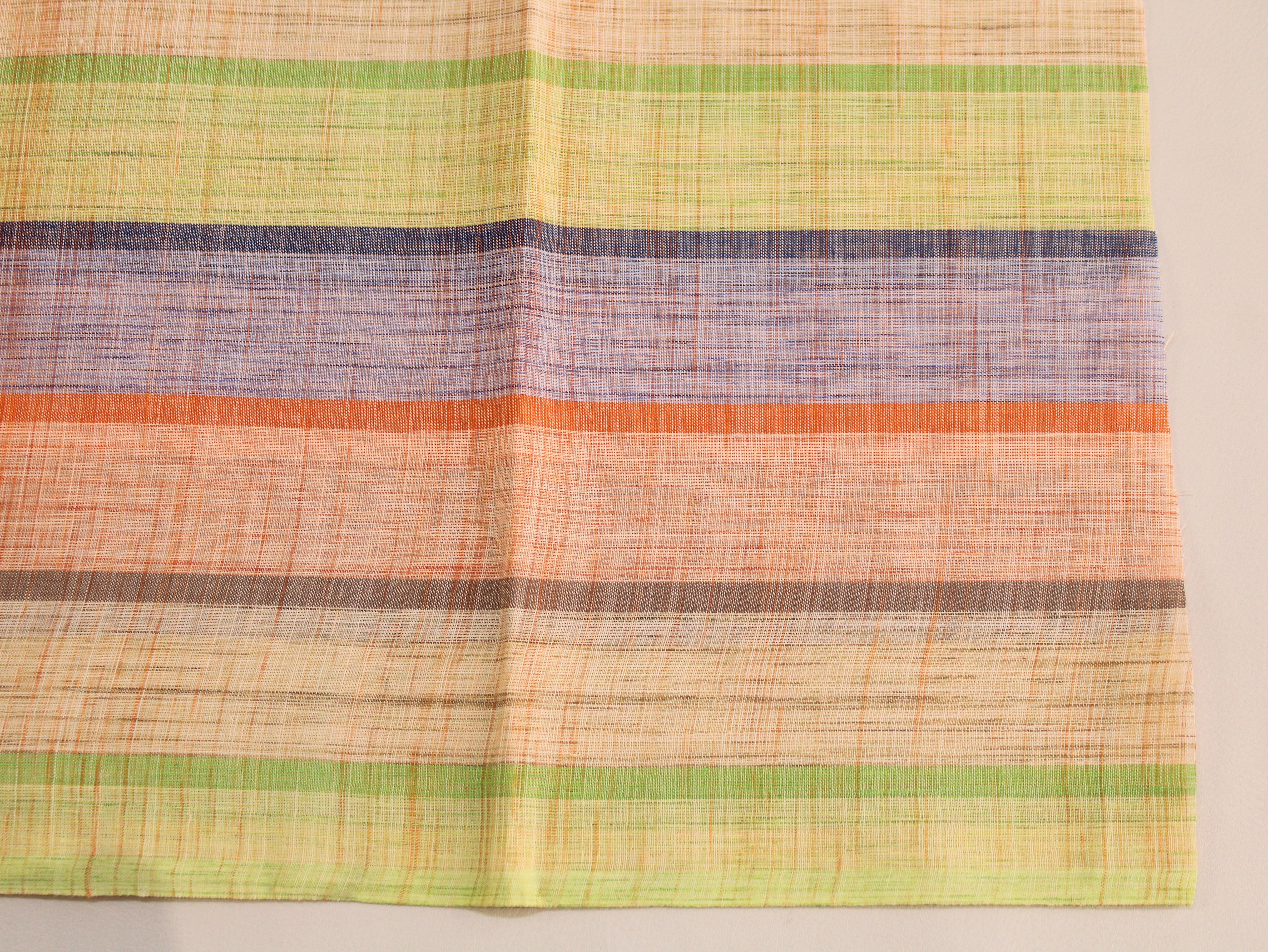 Pure Cotton Handloom Multicolour Stripe Fabric | Light Green Purple Orange | 44 Inch | Non-Washed | 100 GSM