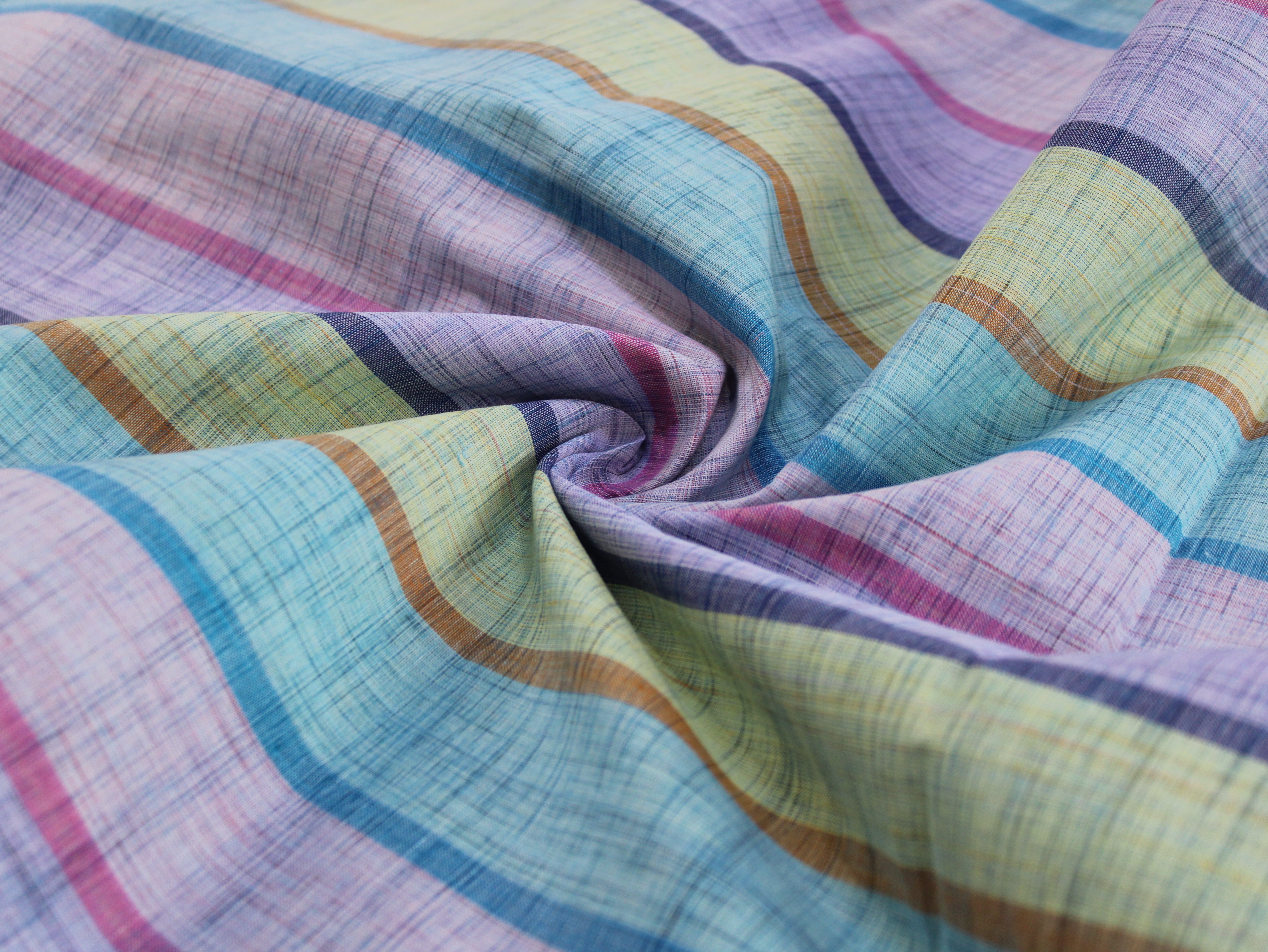 Pure Cotton Handloom Multicolour Stripe Fabric | Blue Purple Green Pink | 44 Inch | Non-Washed | 100 GSM