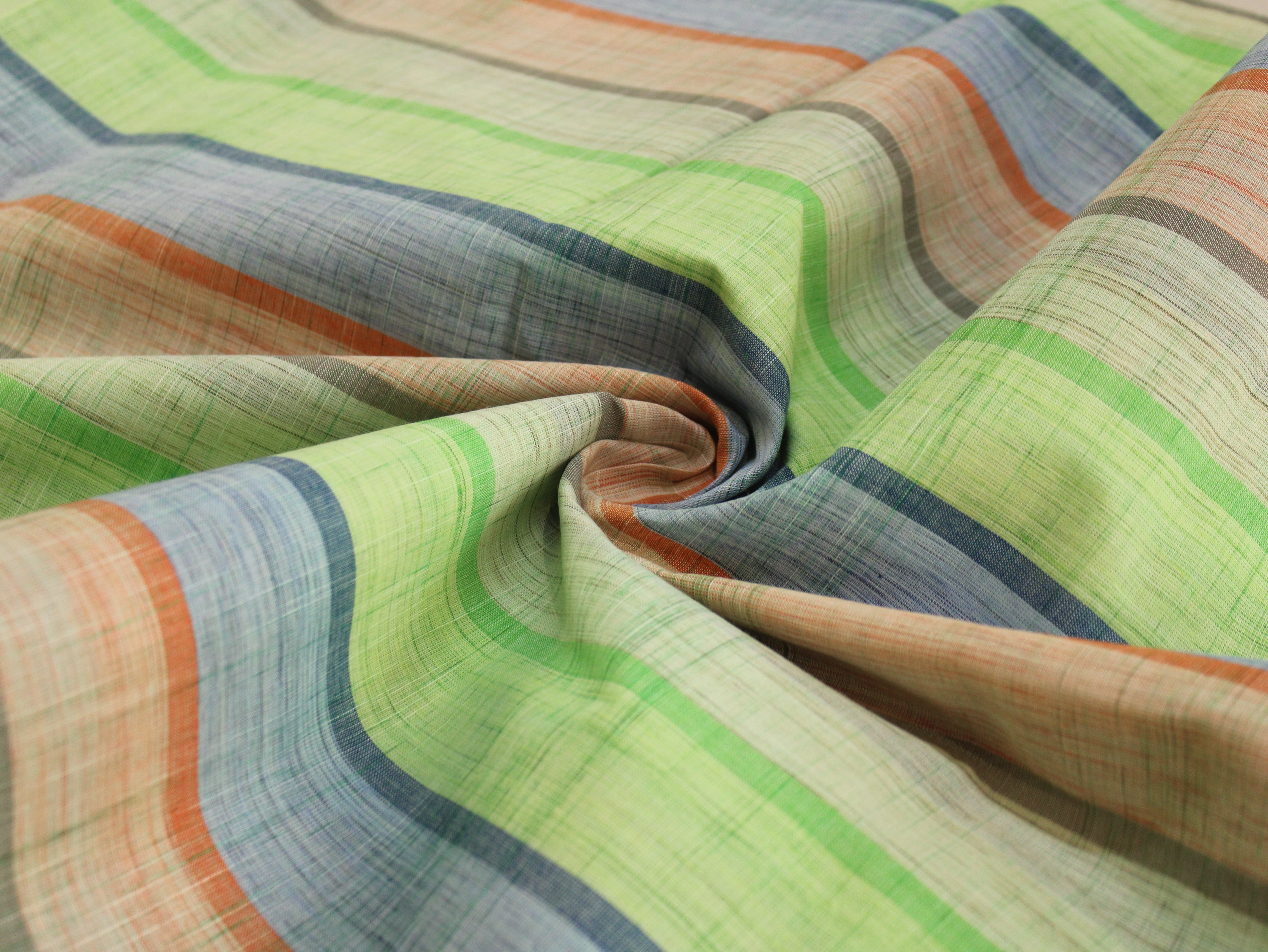 Pure Cotton Handloom Multicolour Stripe Fabric | Green Blue Orange | 44 Inch | Non-Washed | 100 GSM