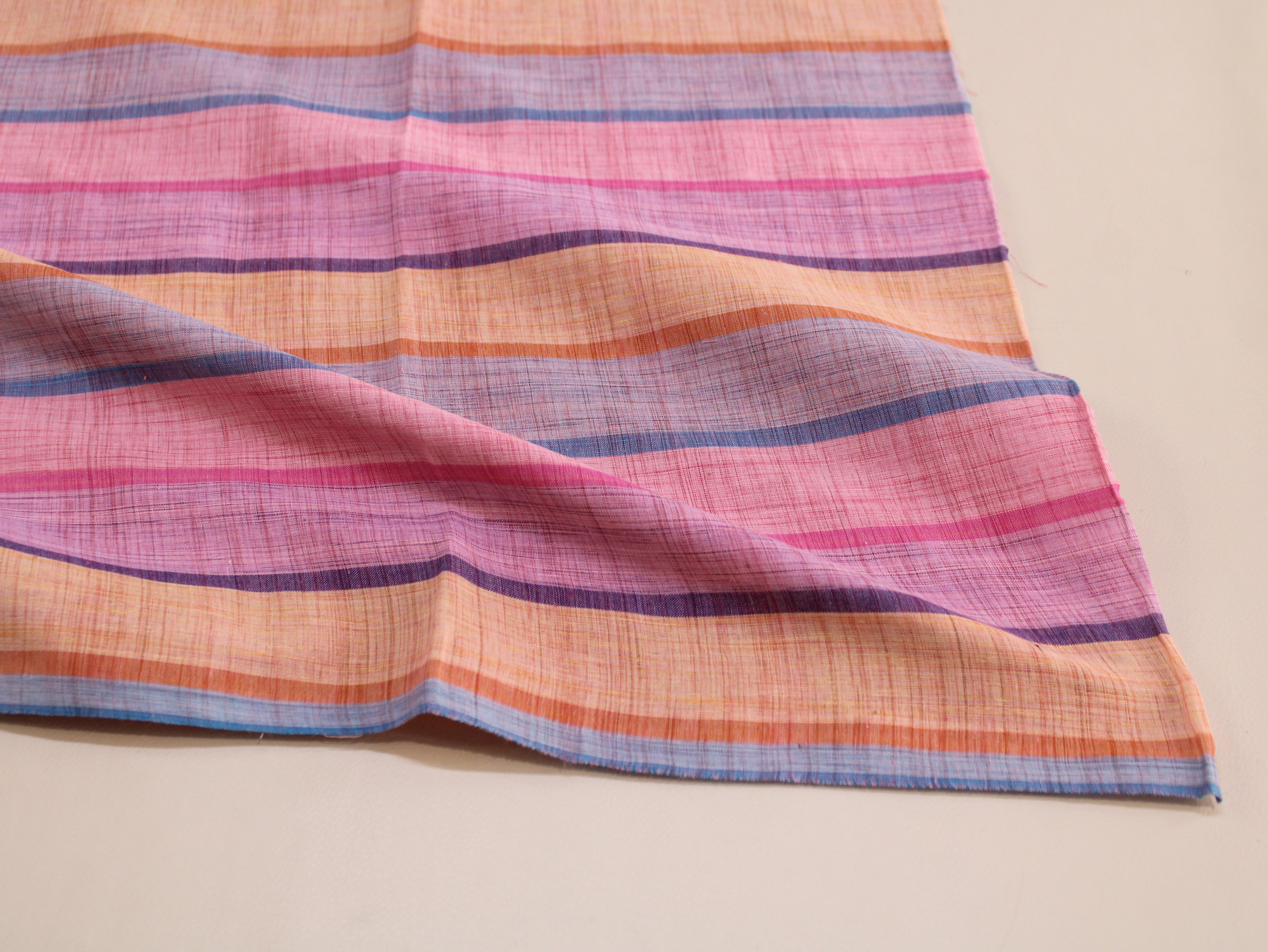 Pure Cotton Handloom Multicolour Stripe Fabric | Pink Purple Blue Orange | 44 Inch | Non-Washed | 100 GSM