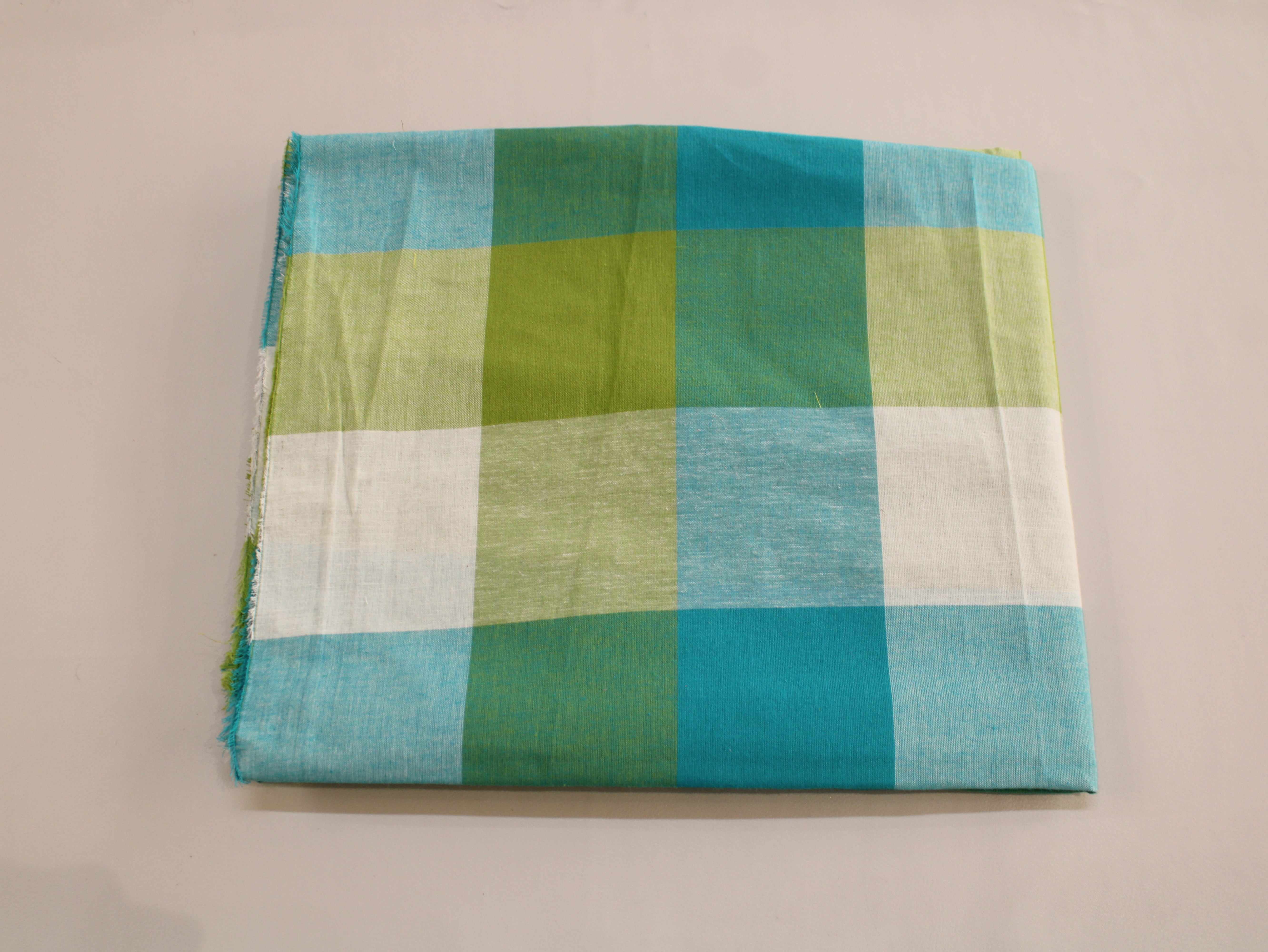 Handloom Madras Kattam Check Fabric | Aqua Green Lime White | 60 Inch | Non-Washed | 100 GSM | 4x4 Inch Checks