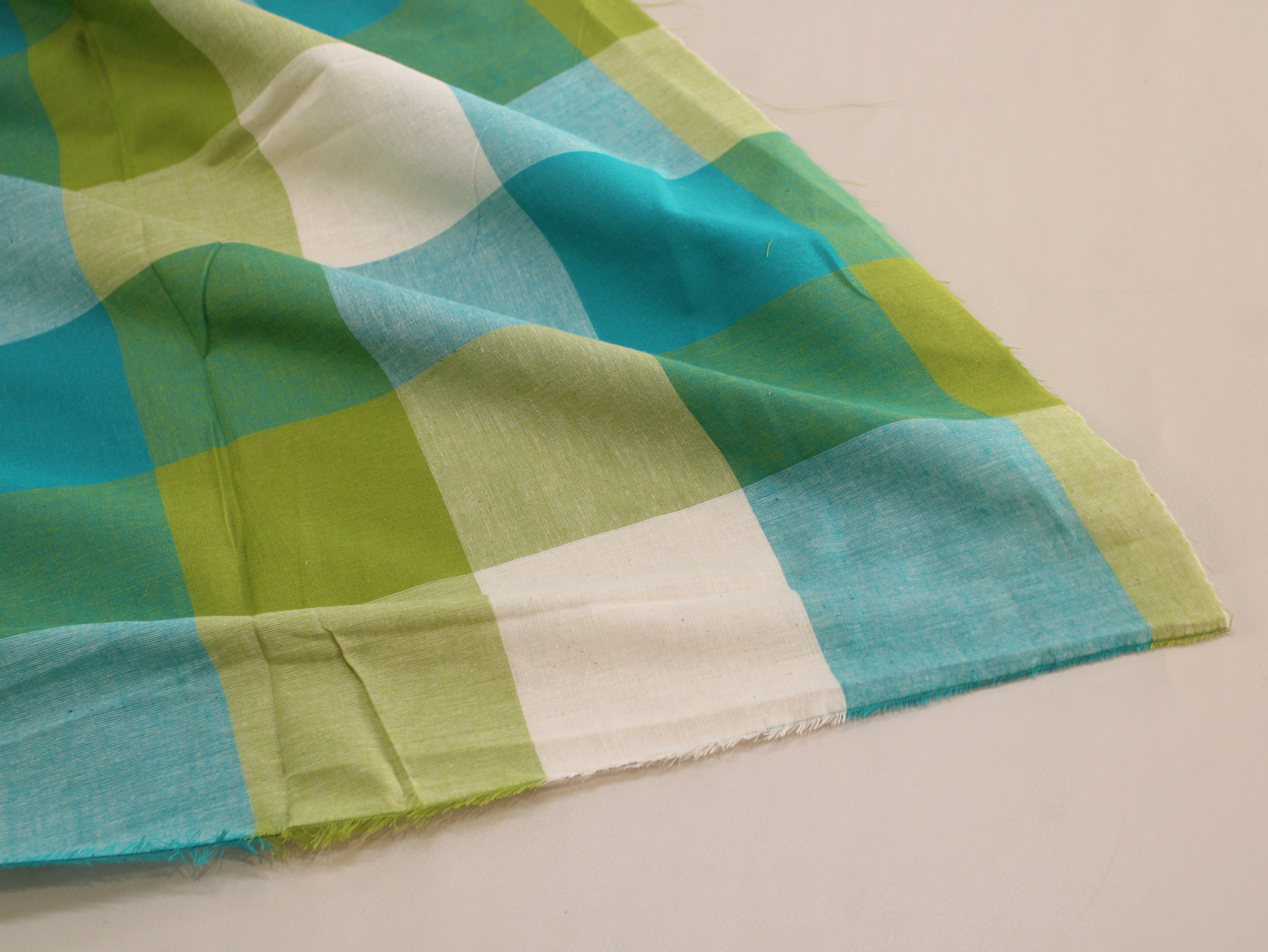 Handloom Madras Kattam Check Fabric | Aqua Green Lime White | 60 Inch | Non-Washed | 100 GSM | 4x4 Inch Checks