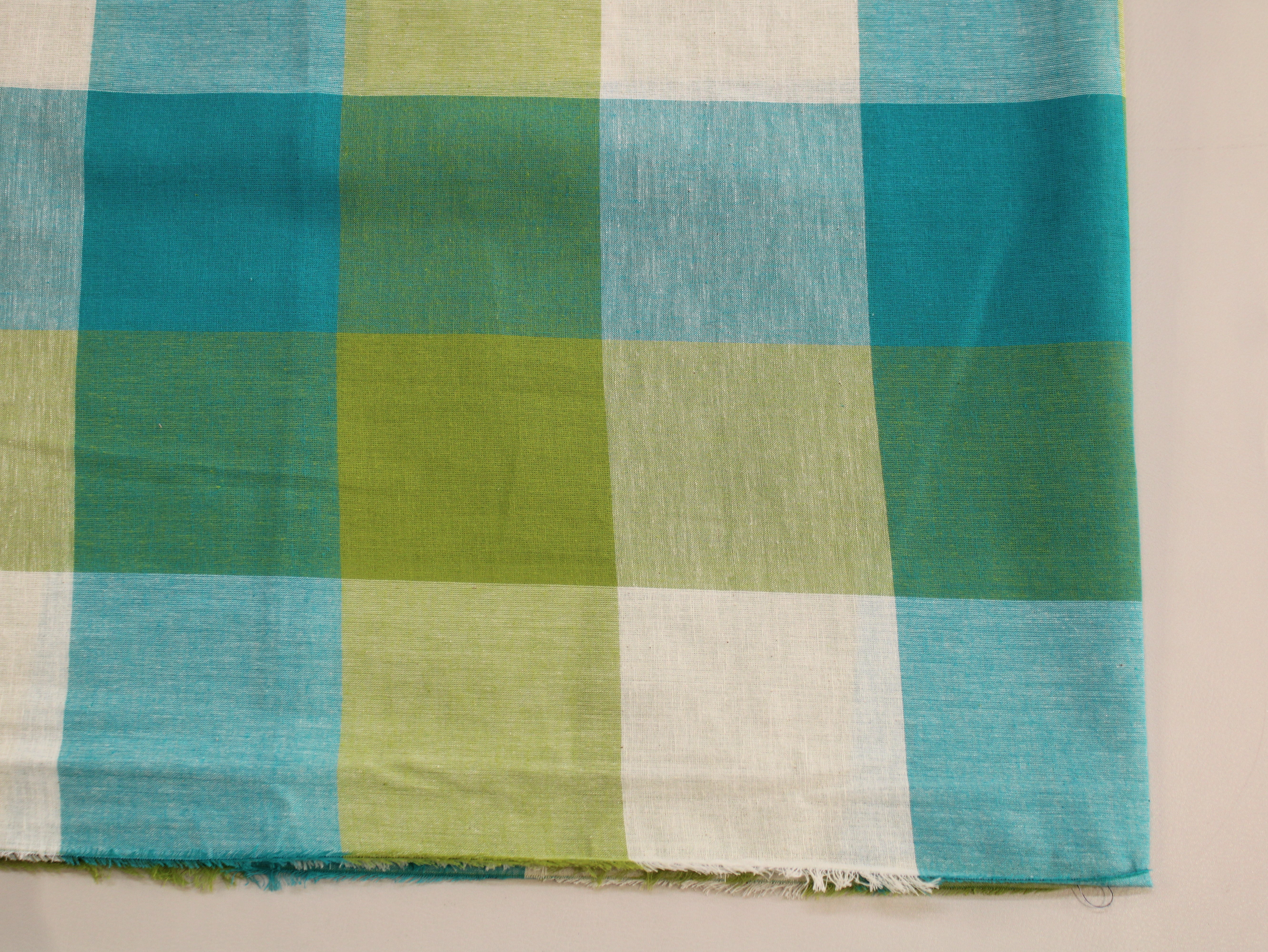 Handloom Madras Kattam Check Fabric | Aqua Green Lime White | 60 Inch | Non-Washed | 100 GSM | 4x4 Inch Checks