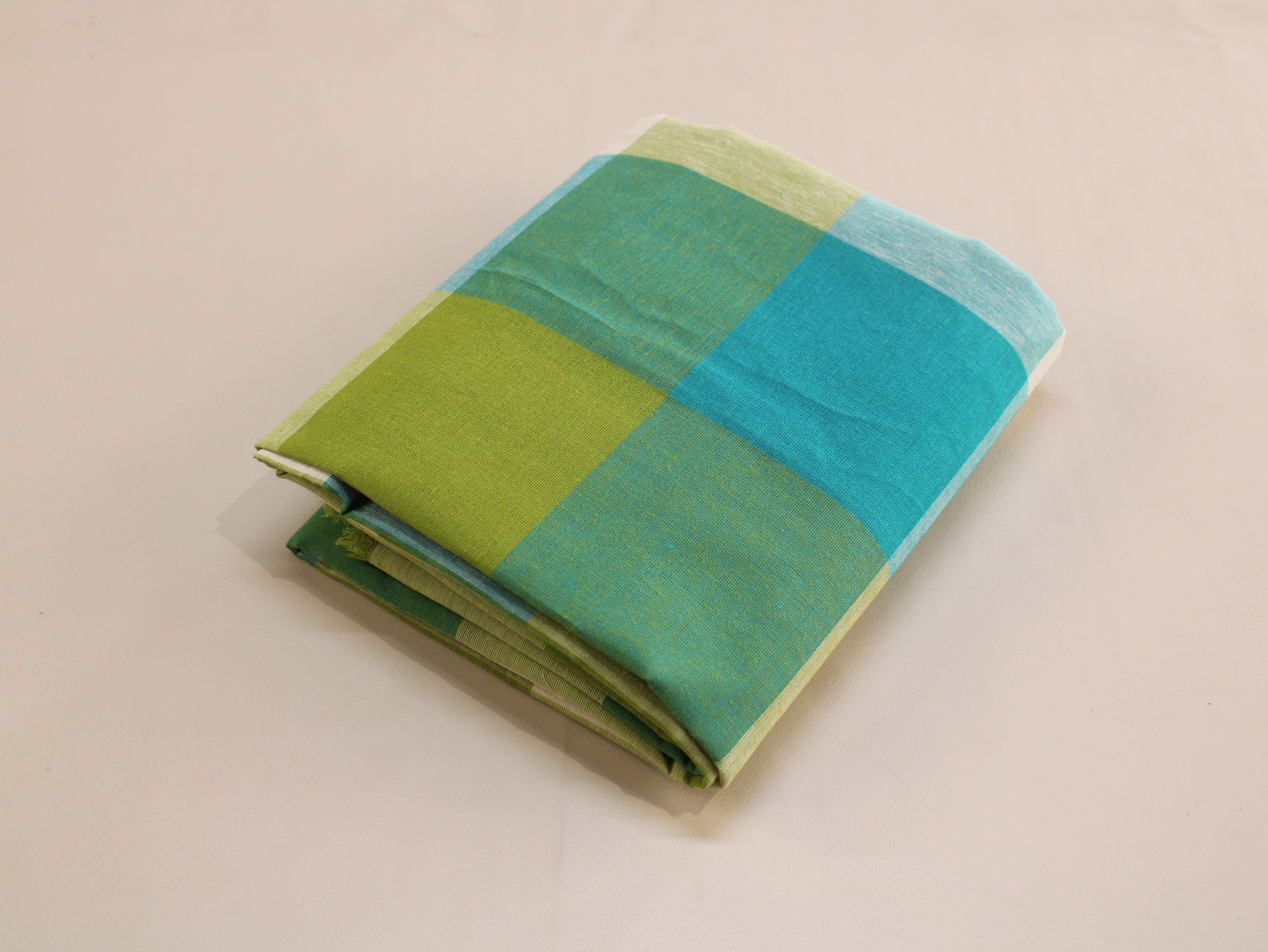 Handloom Madras Kattam Check Fabric | Aqua Green Lime White | 60 Inch | Non-Washed | 100 GSM | 4x4 Inch Checks