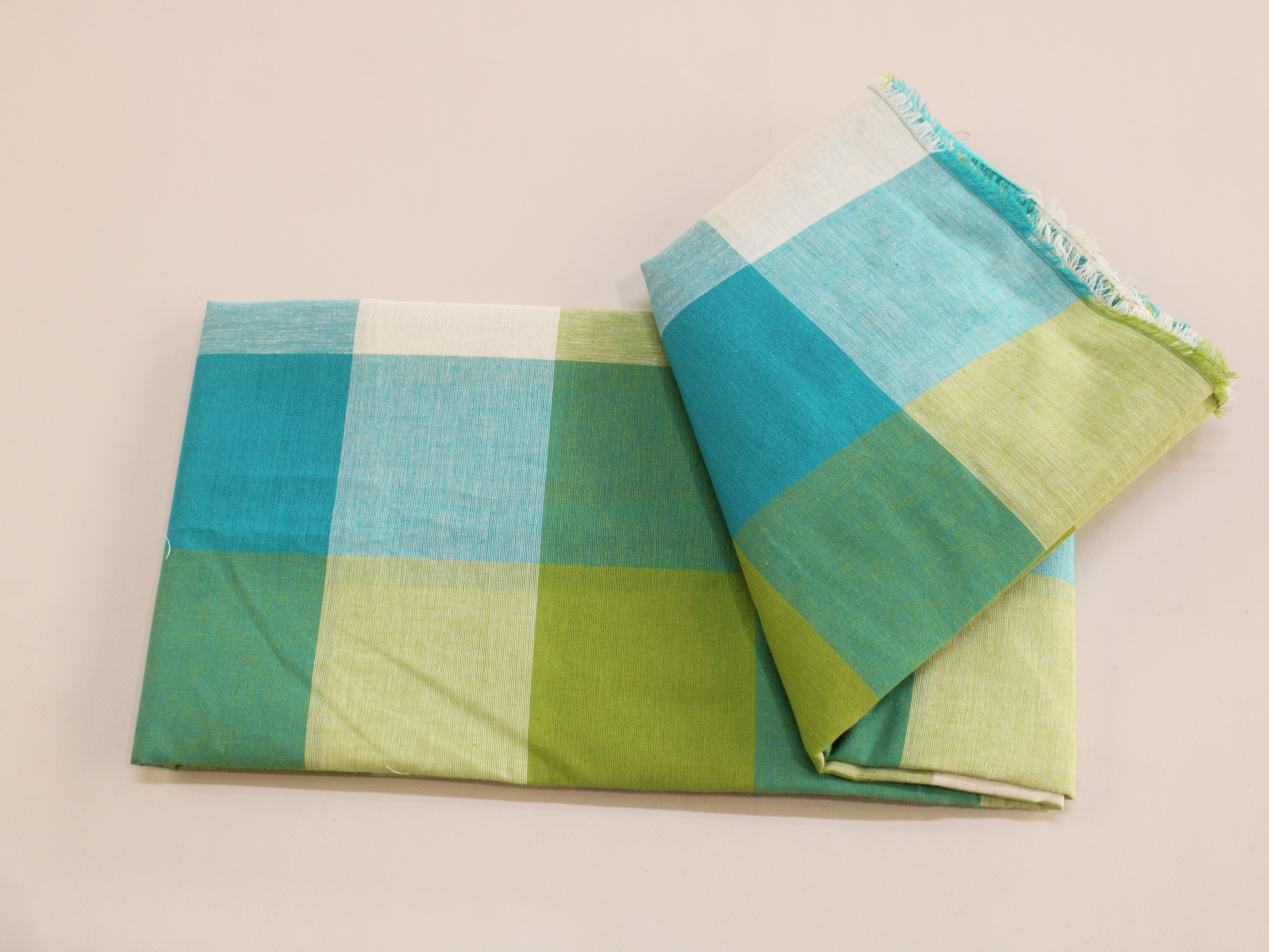Handloom Madras Kattam Check Fabric | Aqua Green Lime White | 60 Inch | Non-Washed | 100 GSM | 4x4 Inch Checks
