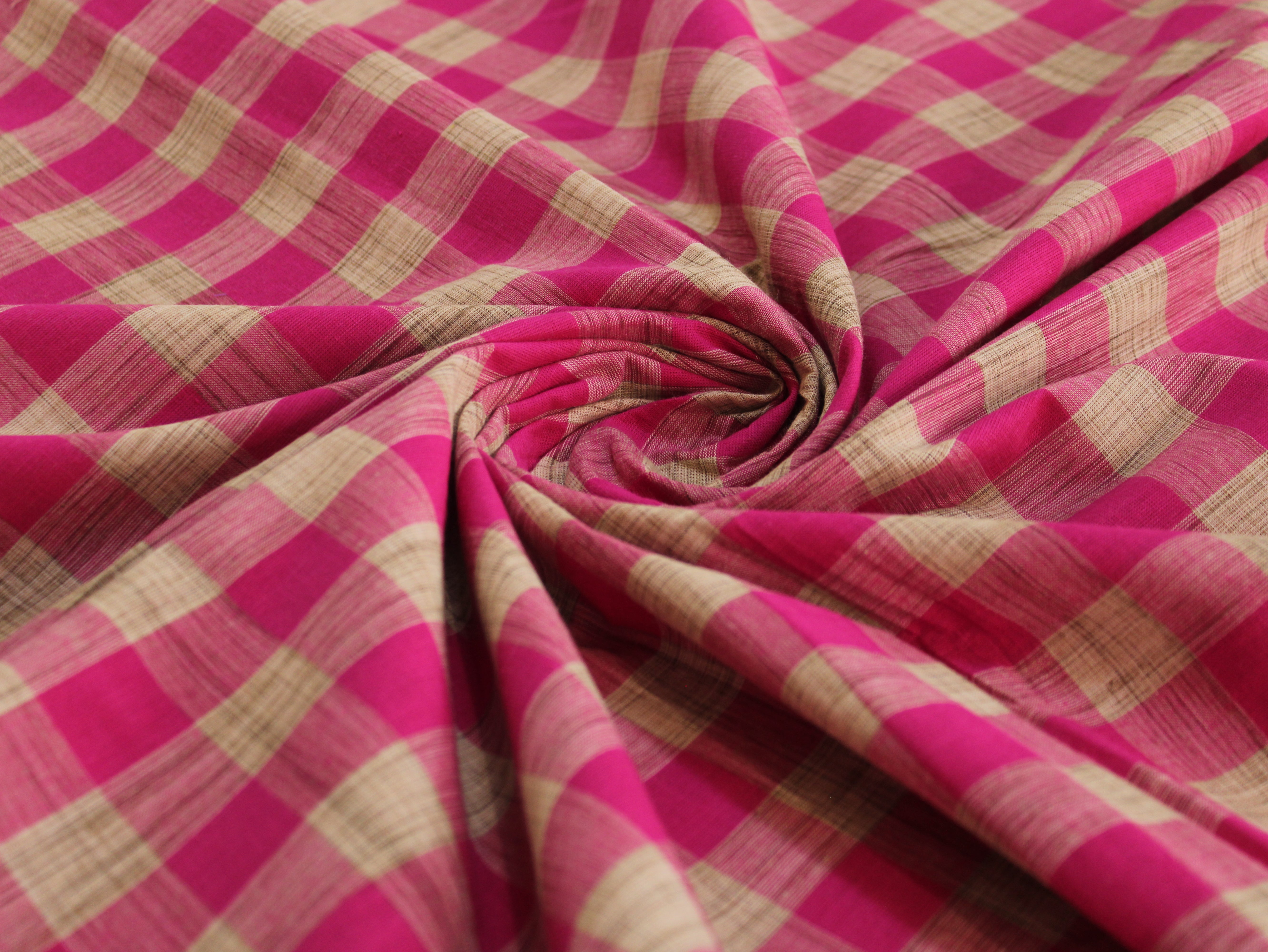 Pure Cotton Yarn-Dyed Handloom Gingham Check Fabric | Pink Brown | 44 Inch | Washed | 100 GSM