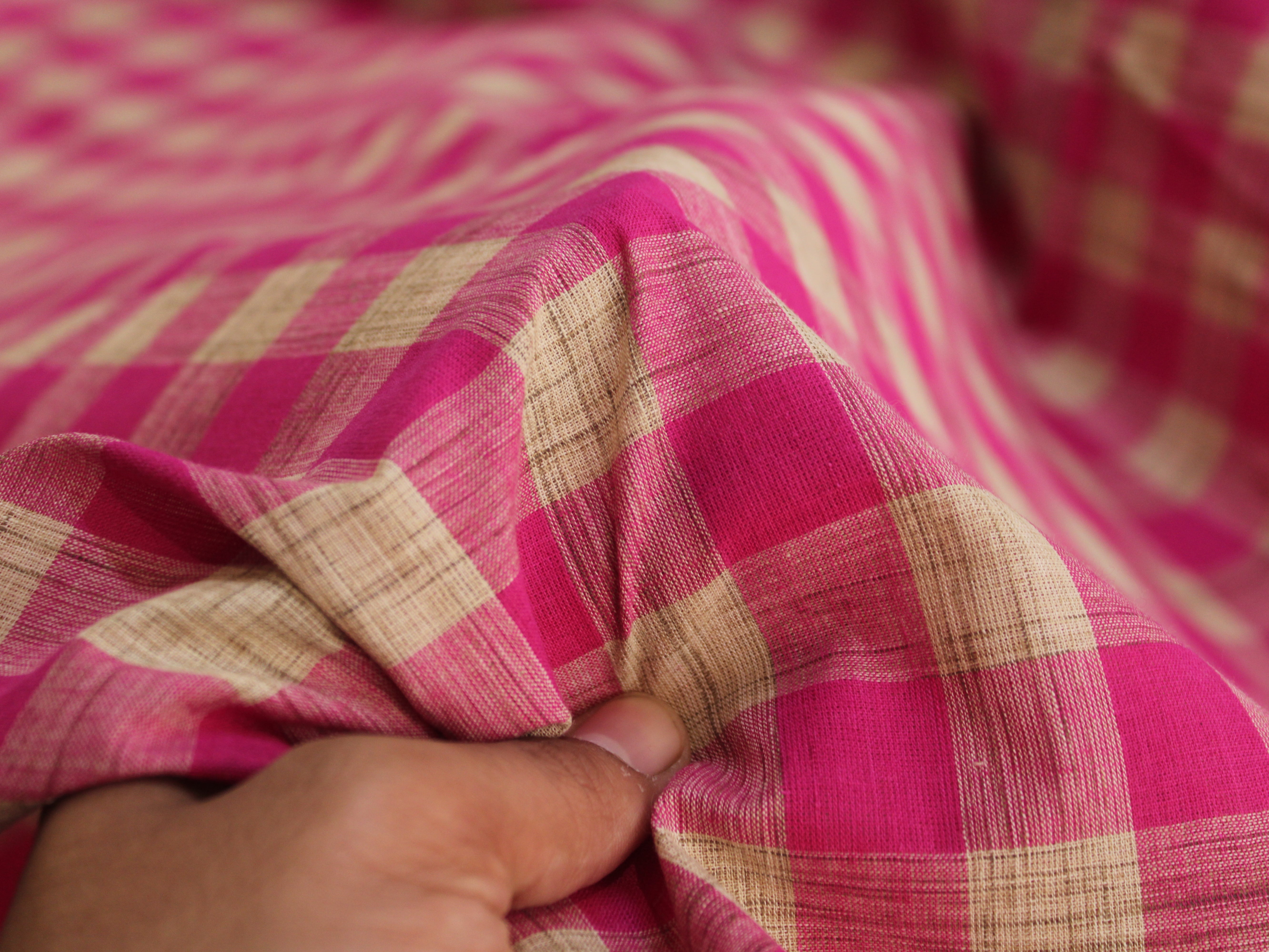 Pure Cotton Yarn-Dyed Handloom Gingham Check Fabric | Pink Brown | 44 Inch | Washed | 100 GSM