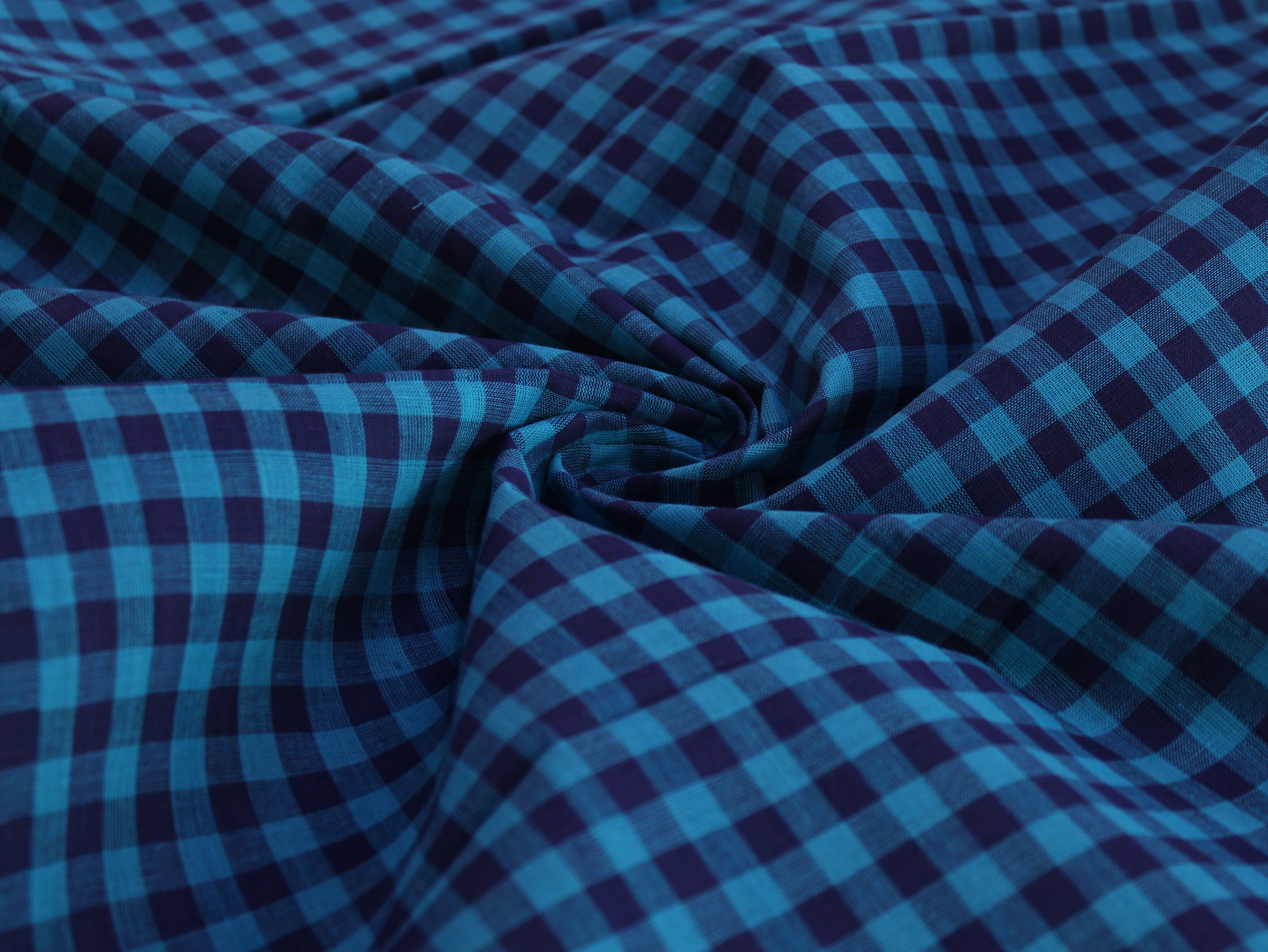 Pure Cotton Handloom Gingham Check Fabric | Aqua Blue Navy | 44 Inch | Non-Washed | 100 GSM