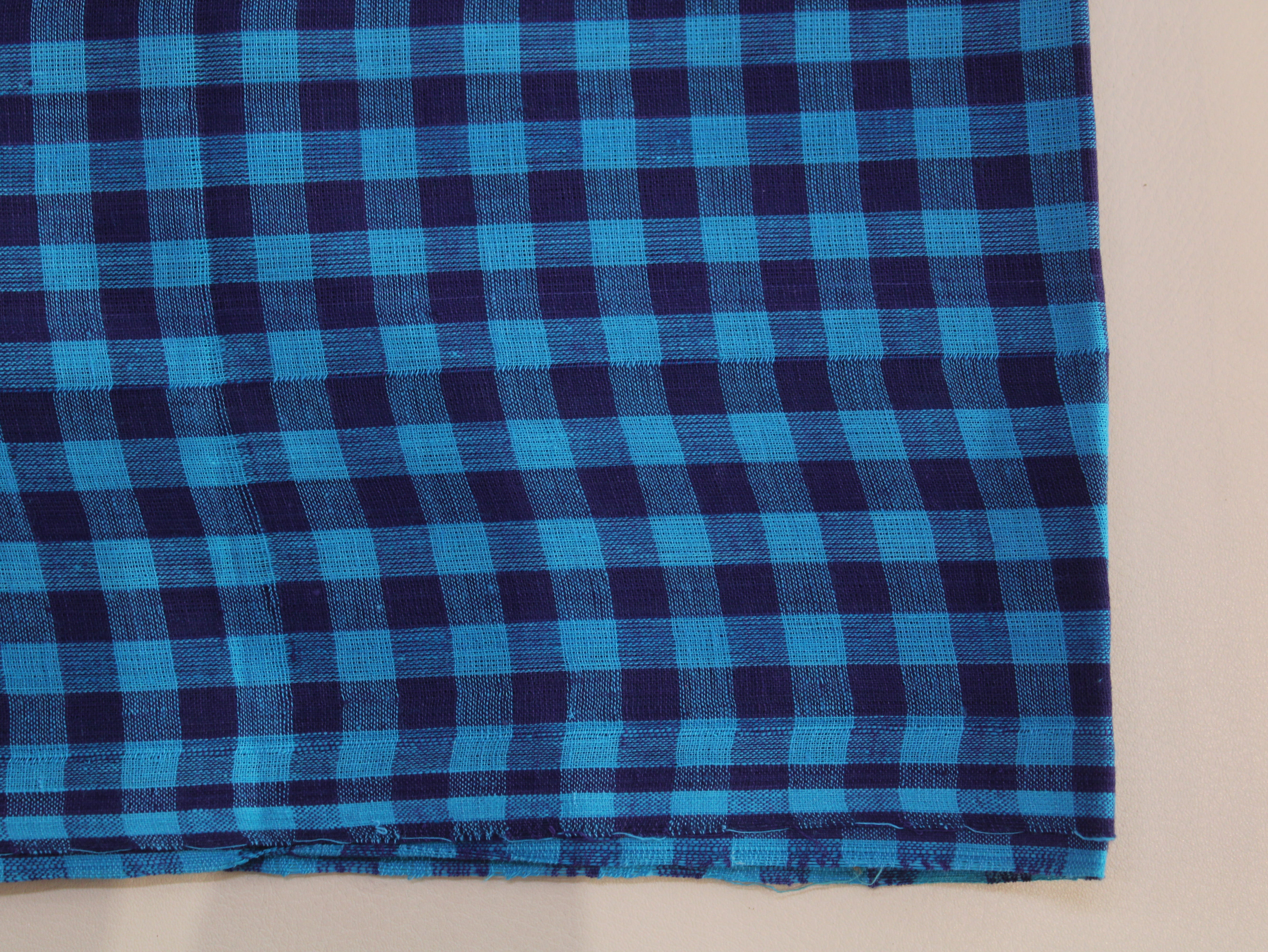 Pure Cotton Handloom Gingham Check Fabric | Aqua Blue Navy | 44 Inch | Non-Washed | 100 GSM