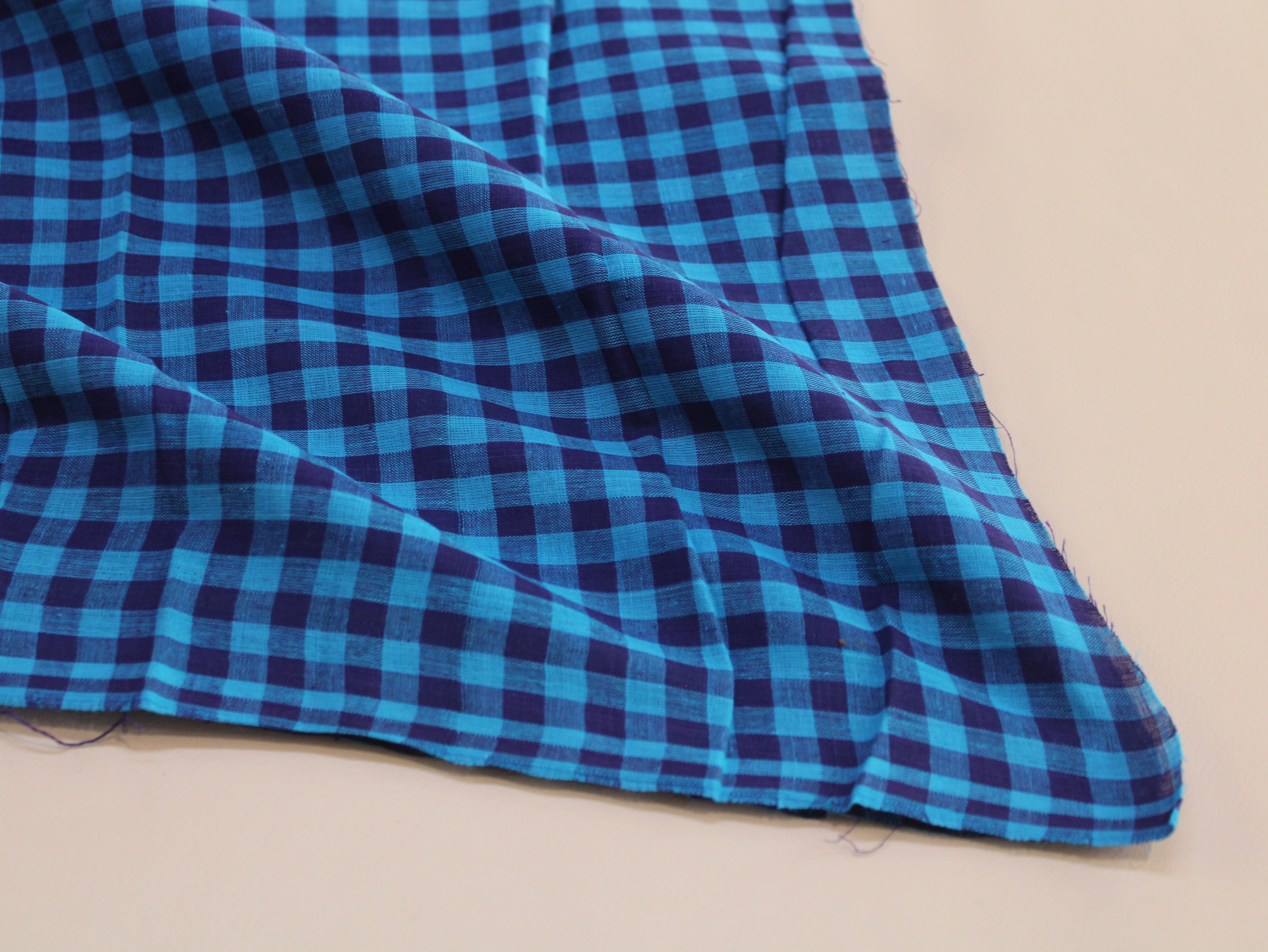 Pure Cotton Handloom Gingham Check Fabric | Aqua Blue Navy | 44 Inch | Non-Washed | 100 GSM