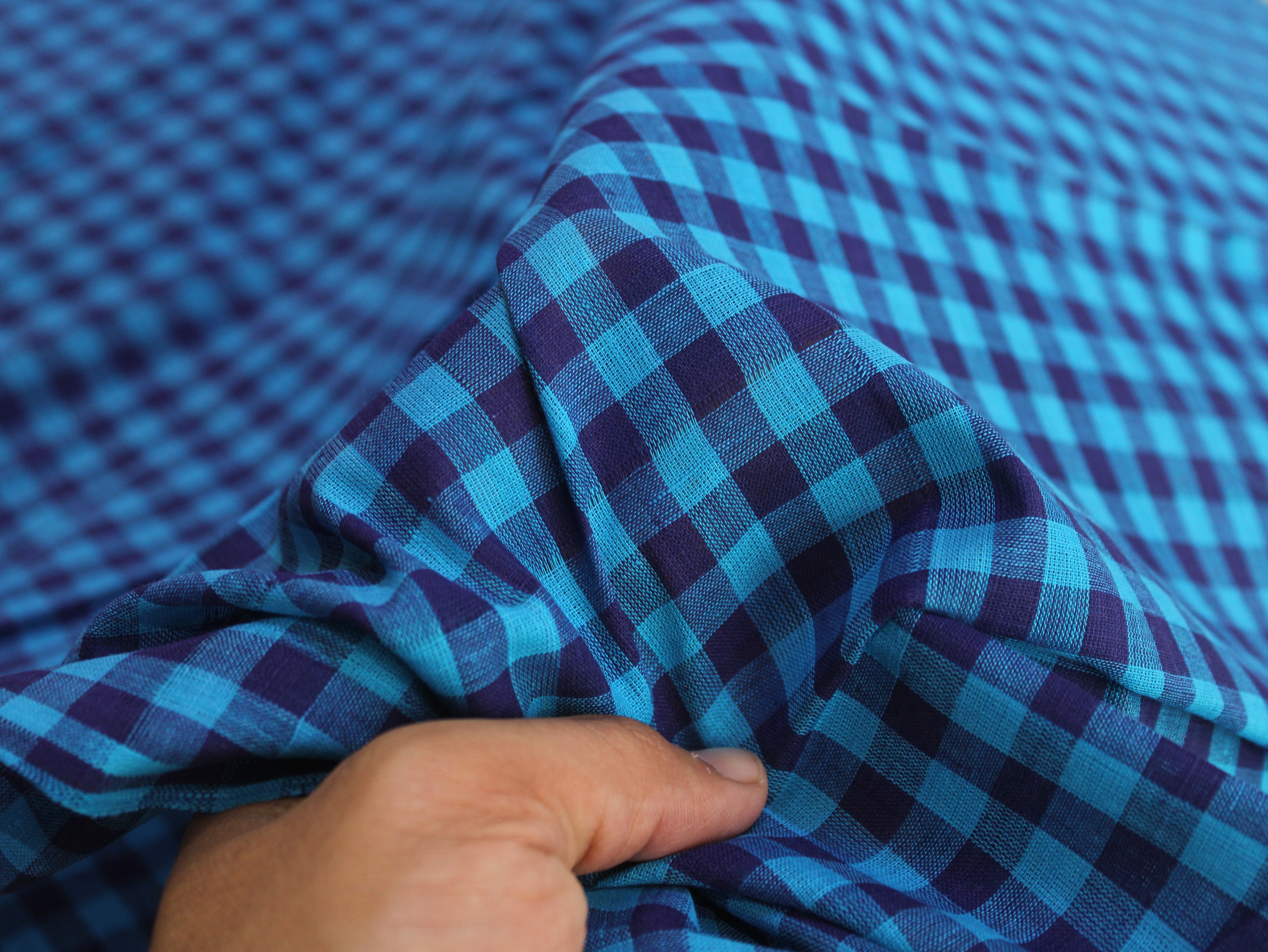 Pure Cotton Handloom Gingham Check Fabric | Aqua Blue Navy | 44 Inch | Non-Washed | 100 GSM