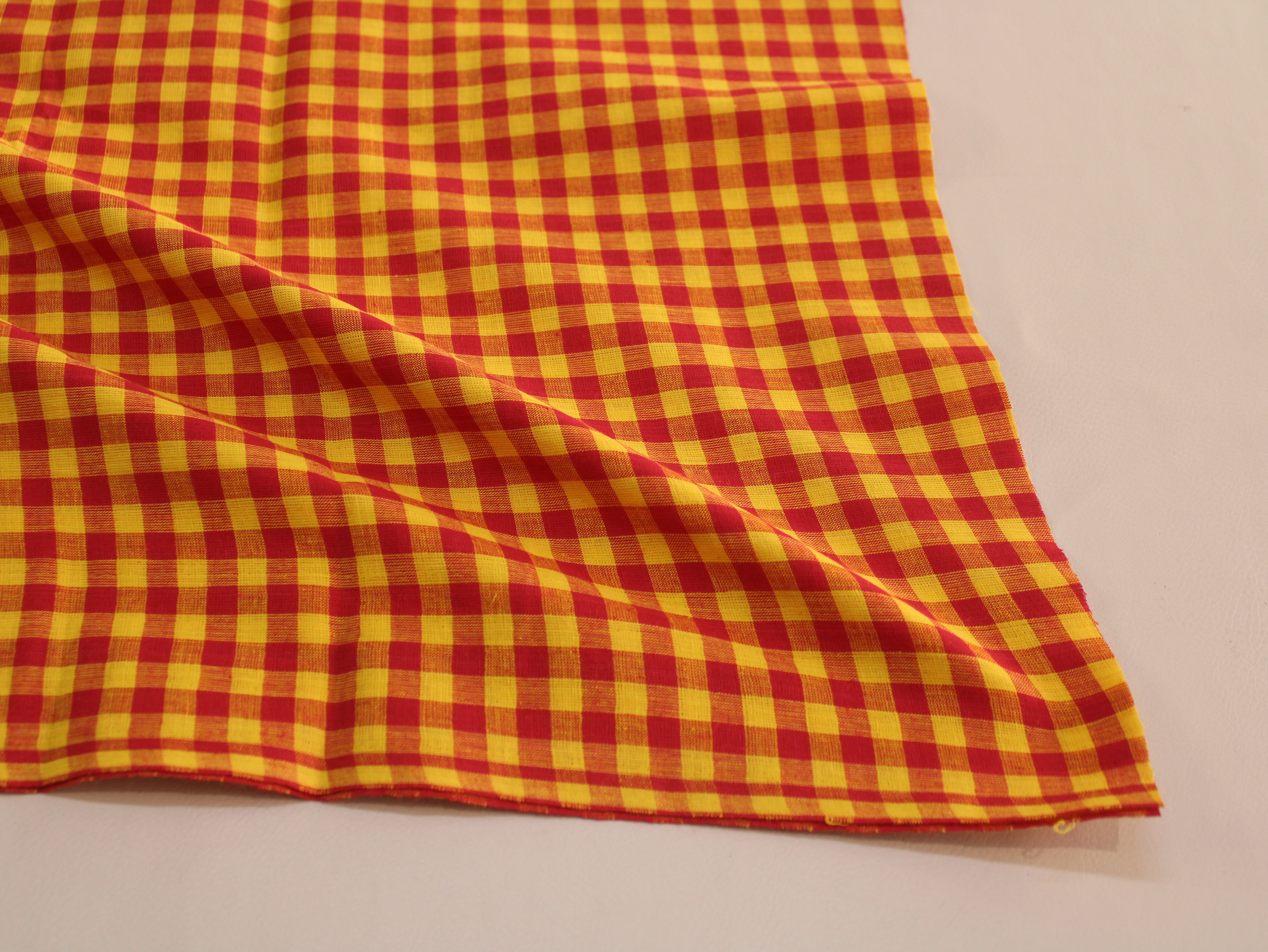 Pure Cotton Handloom Gingham Check Fabric | Red Yellow | 44 Inch | Non-Washed | 100 GSM