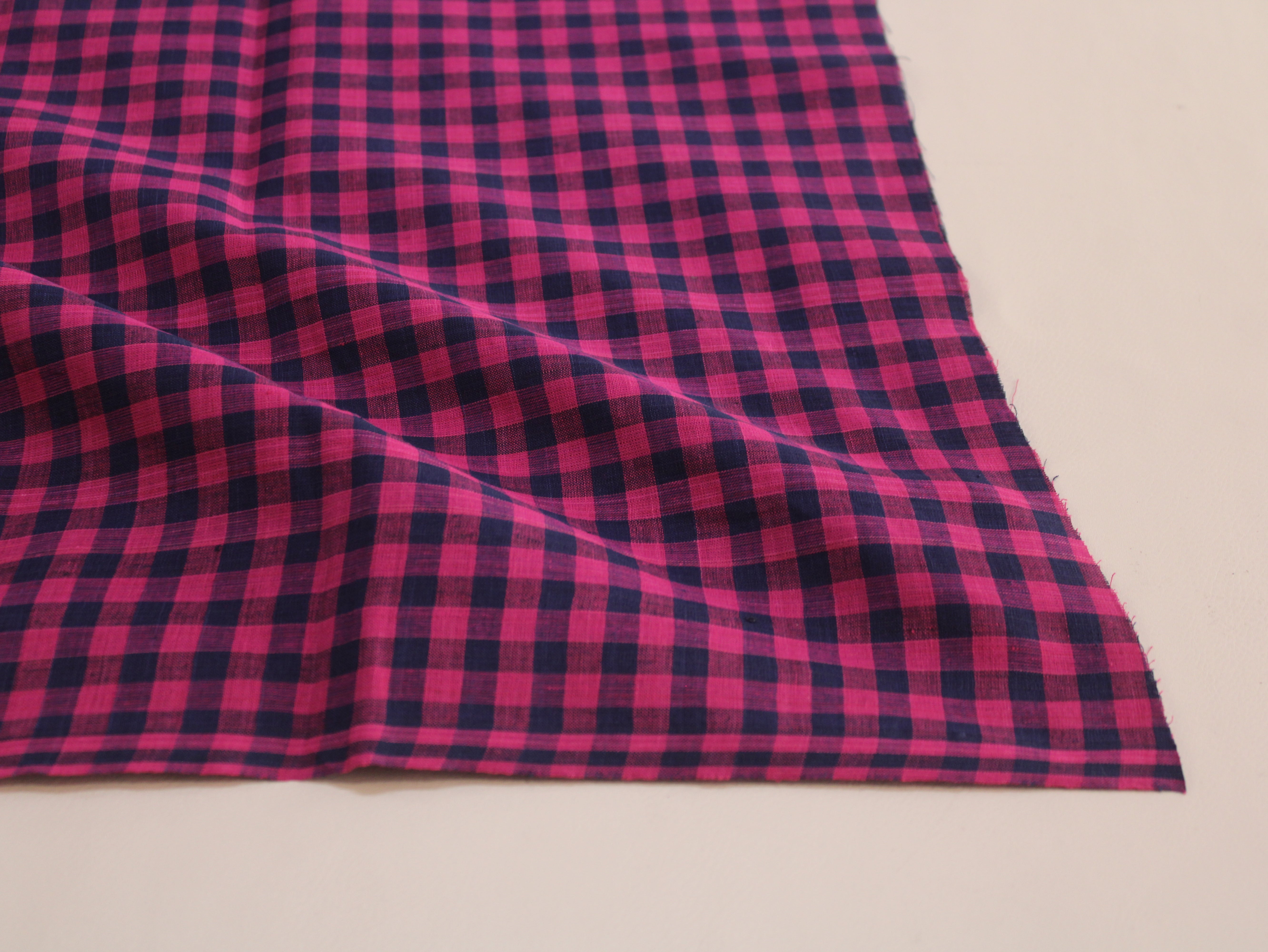 Pure Cotton Handloom Gingham Check Fabric | Pink Navy | 44 Inch | Non-Washed | 100 GSM