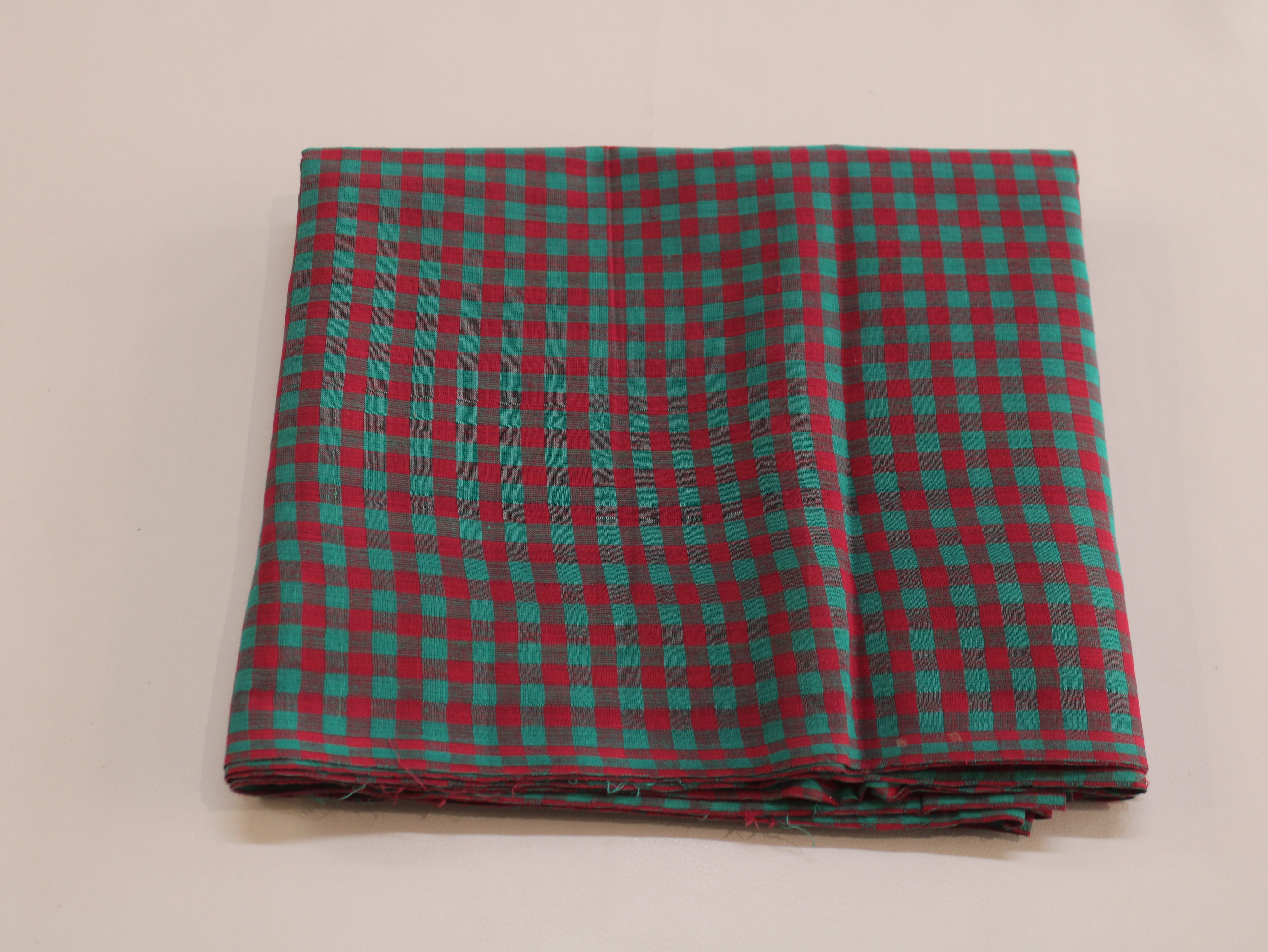 Pure Cotton Handloom Gingham Check Fabric | Red Green Teal | 44 Inch | Non-Washed | 100 GSM