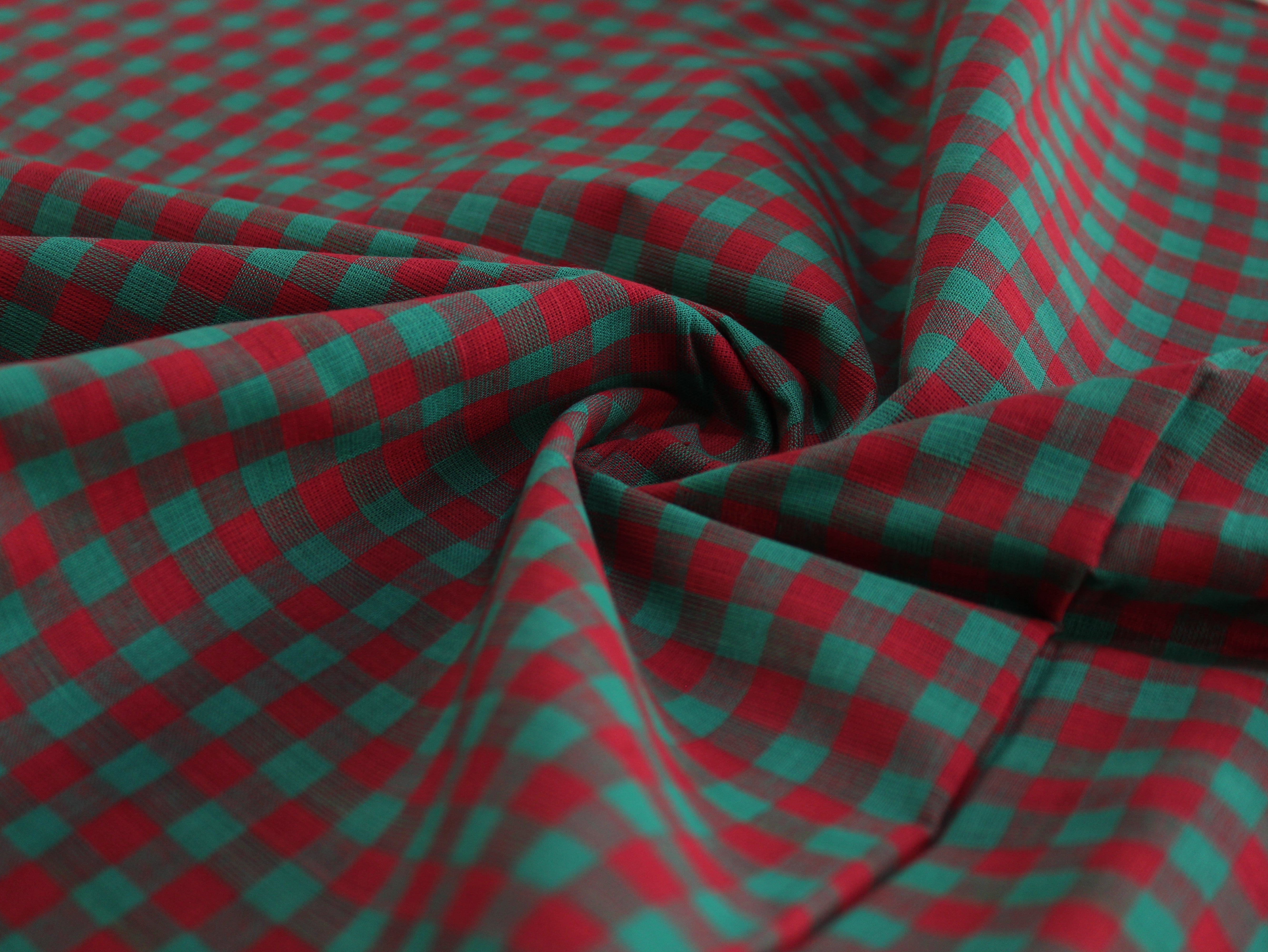 Pure Cotton Handloom Gingham Check Fabric | Red Green Teal | 44 Inch | Non-Washed | 100 GSM