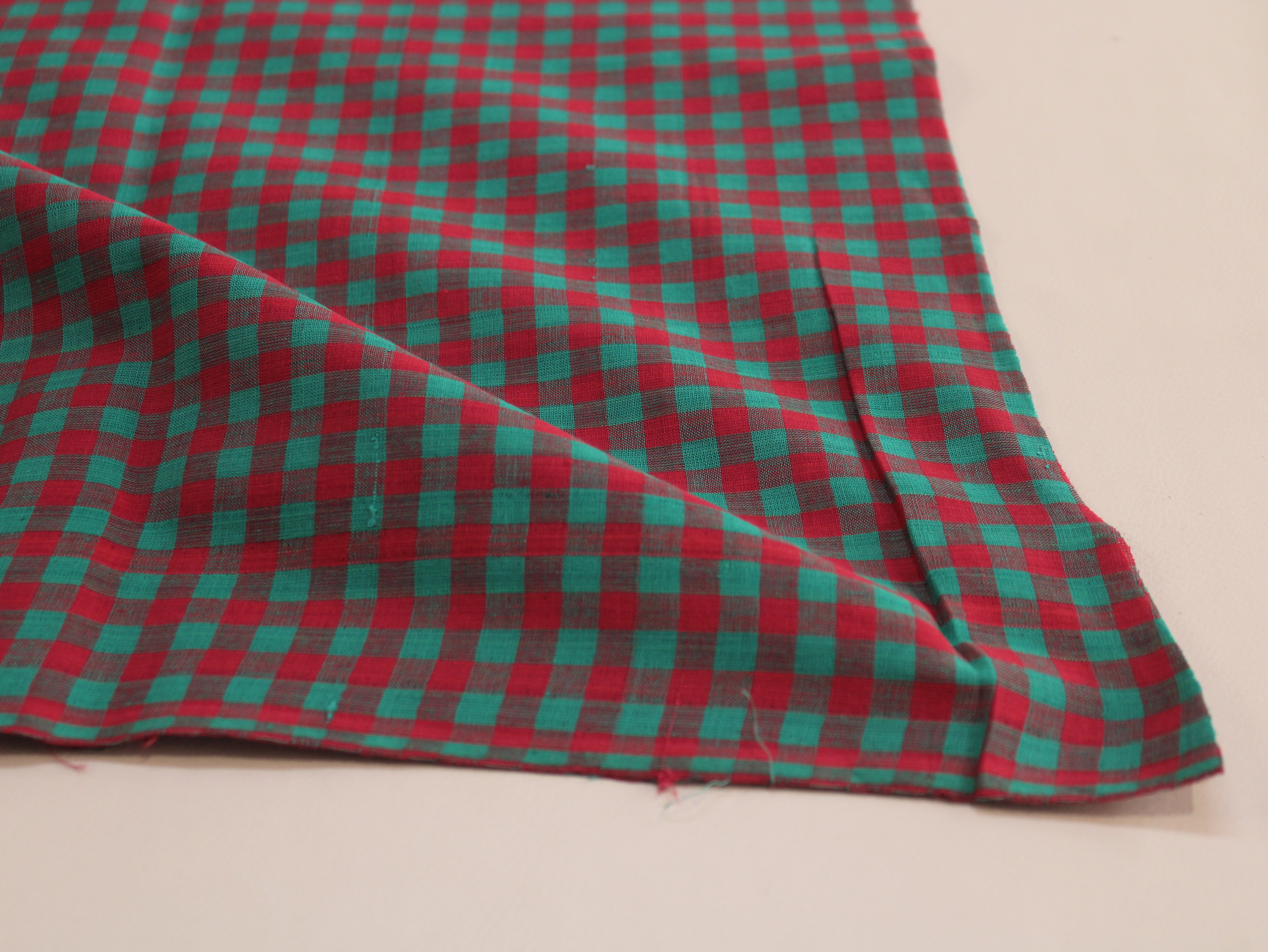 Pure Cotton Handloom Gingham Check Fabric | Red Green Teal | 44 Inch | Non-Washed | 100 GSM