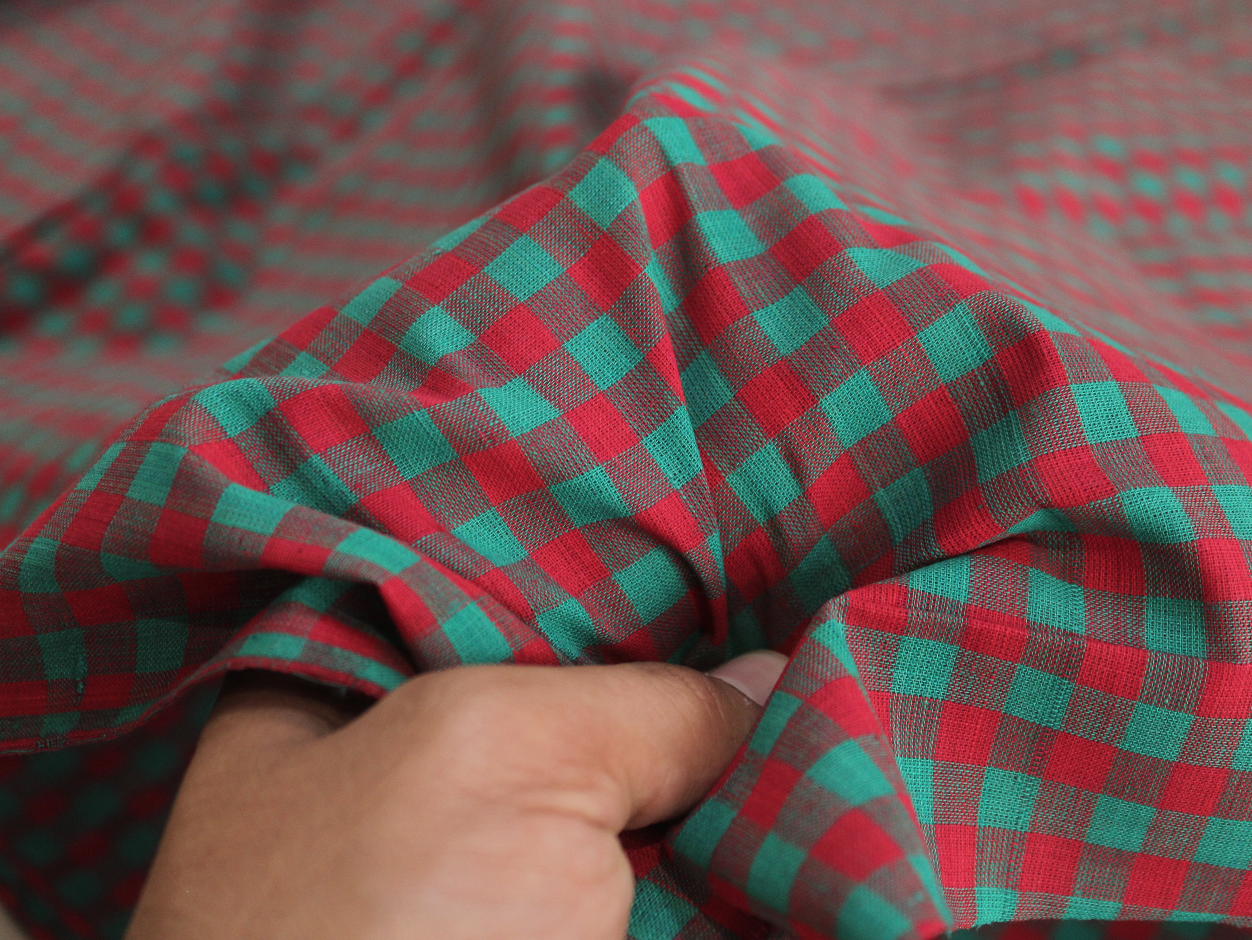 Pure Cotton Handloom Gingham Check Fabric | Red Green Teal | 44 Inch | Non-Washed | 100 GSM